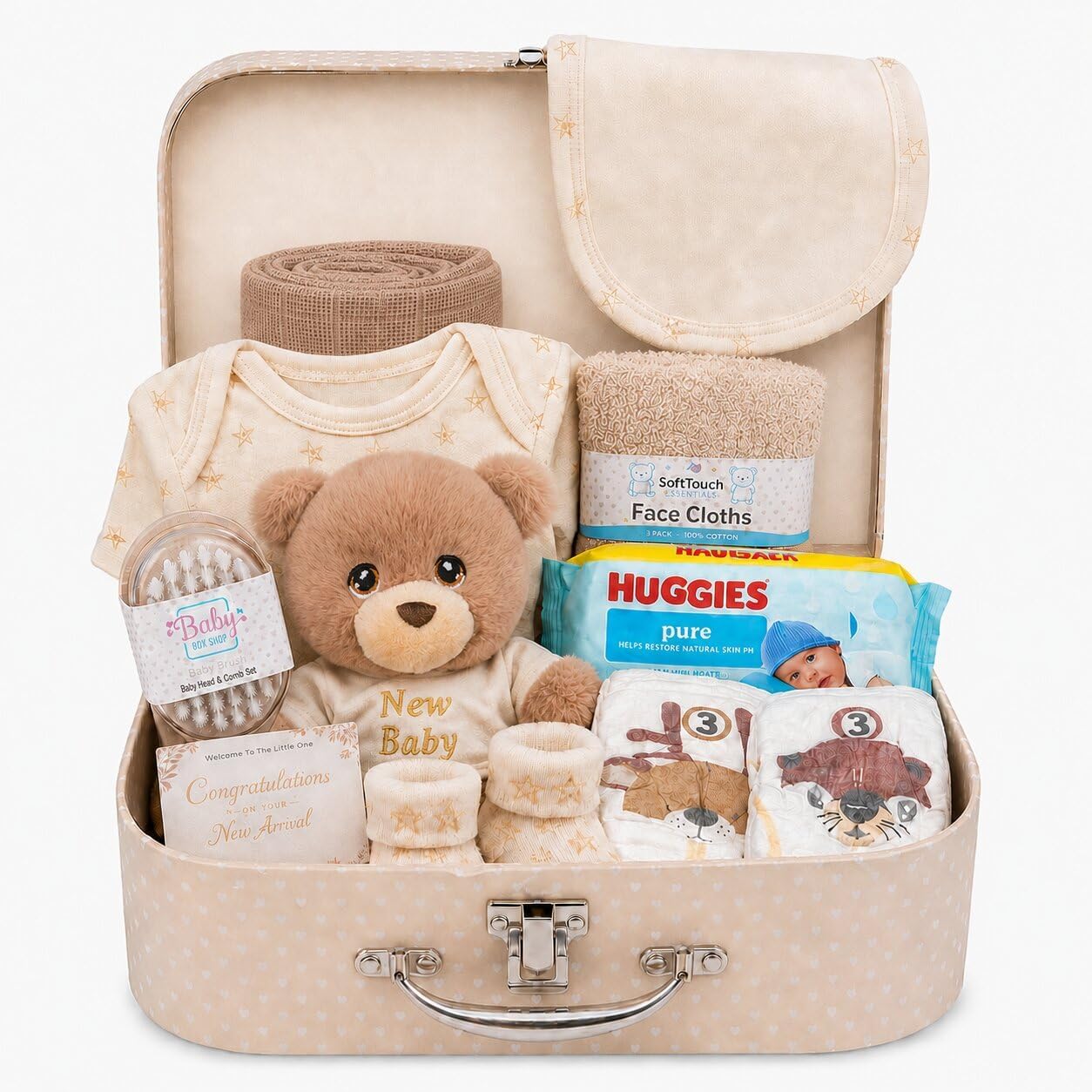 Baby Box Shop All in One Baby Gift Set, Premium Baby Shower & Gender Reveal Gift Hamper with Newborn Essentials, Baby Bath Wash, Teddy Bear & Keepsake Box - Ready to Gift for Newborn Unisex