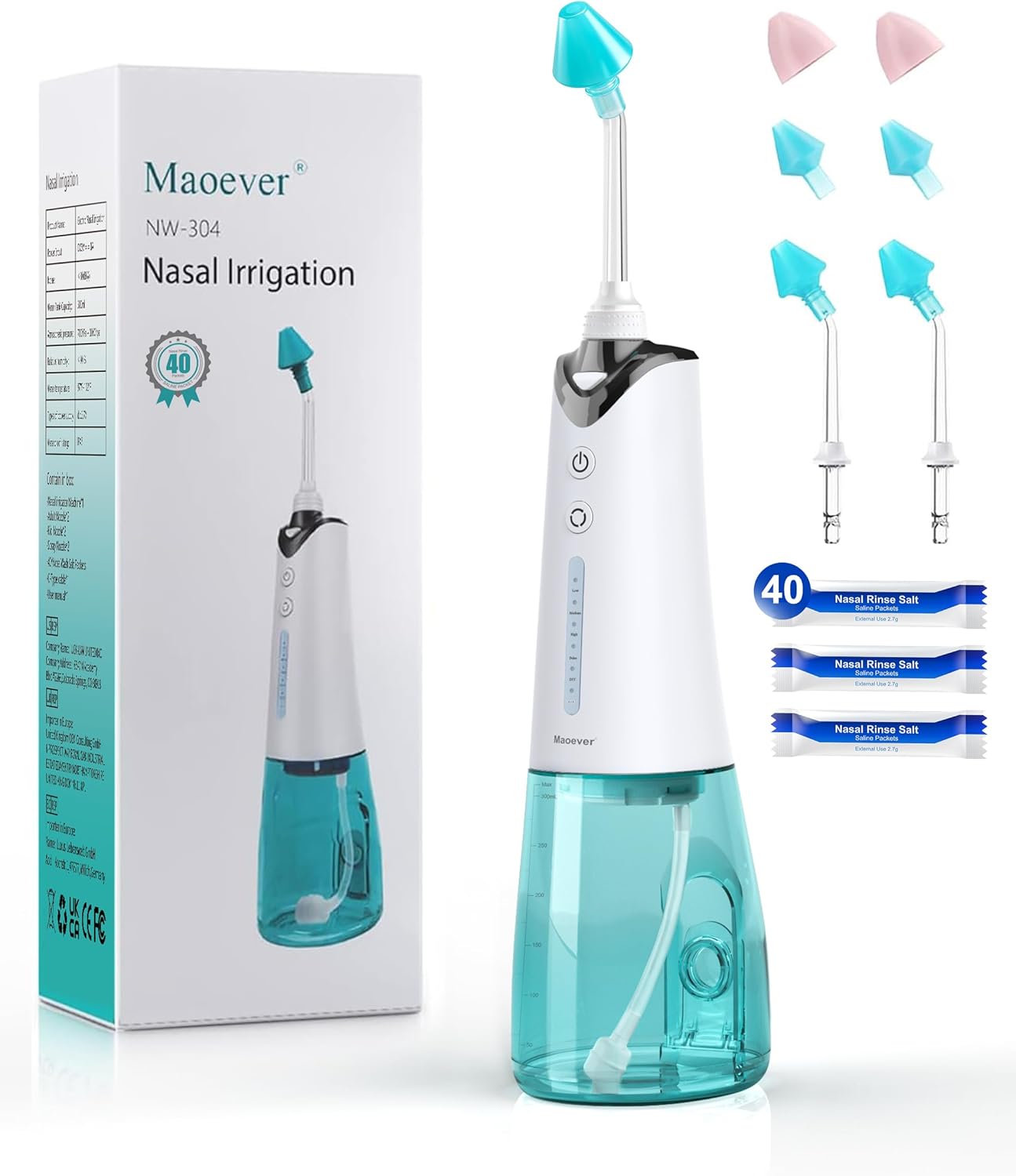 Sinus Cleaner Machine, Cordless Nasal Rinse Machine for Sinus Relief & Nasal Care, Electric Neti Pot with 6 Tips and 40 Salt Packs Nasal Irrigation Sinus Rinse System Kit for Adult & Kid