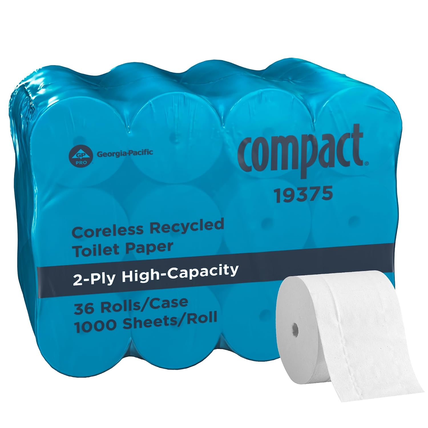 Compact by Georgia-Pacific PRO Coreless 2-Ply Recycled Toilet Paper, White, 1000 Sheets Per Roll, 36 Toilet Tissue Rolls Per Case, 19375