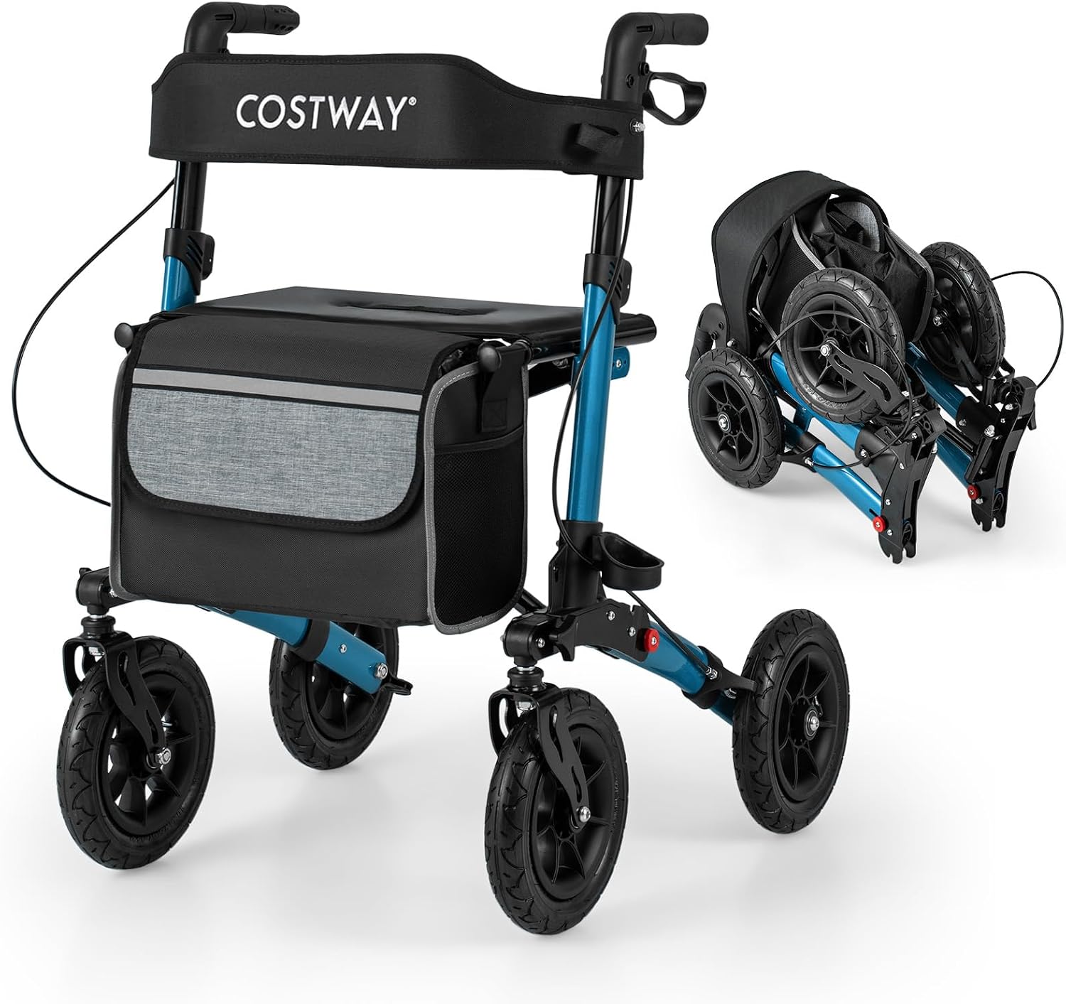 COSTWAY Folding Rollator, Height Adjustable Rolling Walker with Seat and 9" All Terrain Pneumatic Tires, Lightweight Walking Aid Frame for for Elderly & Disabled, 140 KG Weight Capacity (Blue)