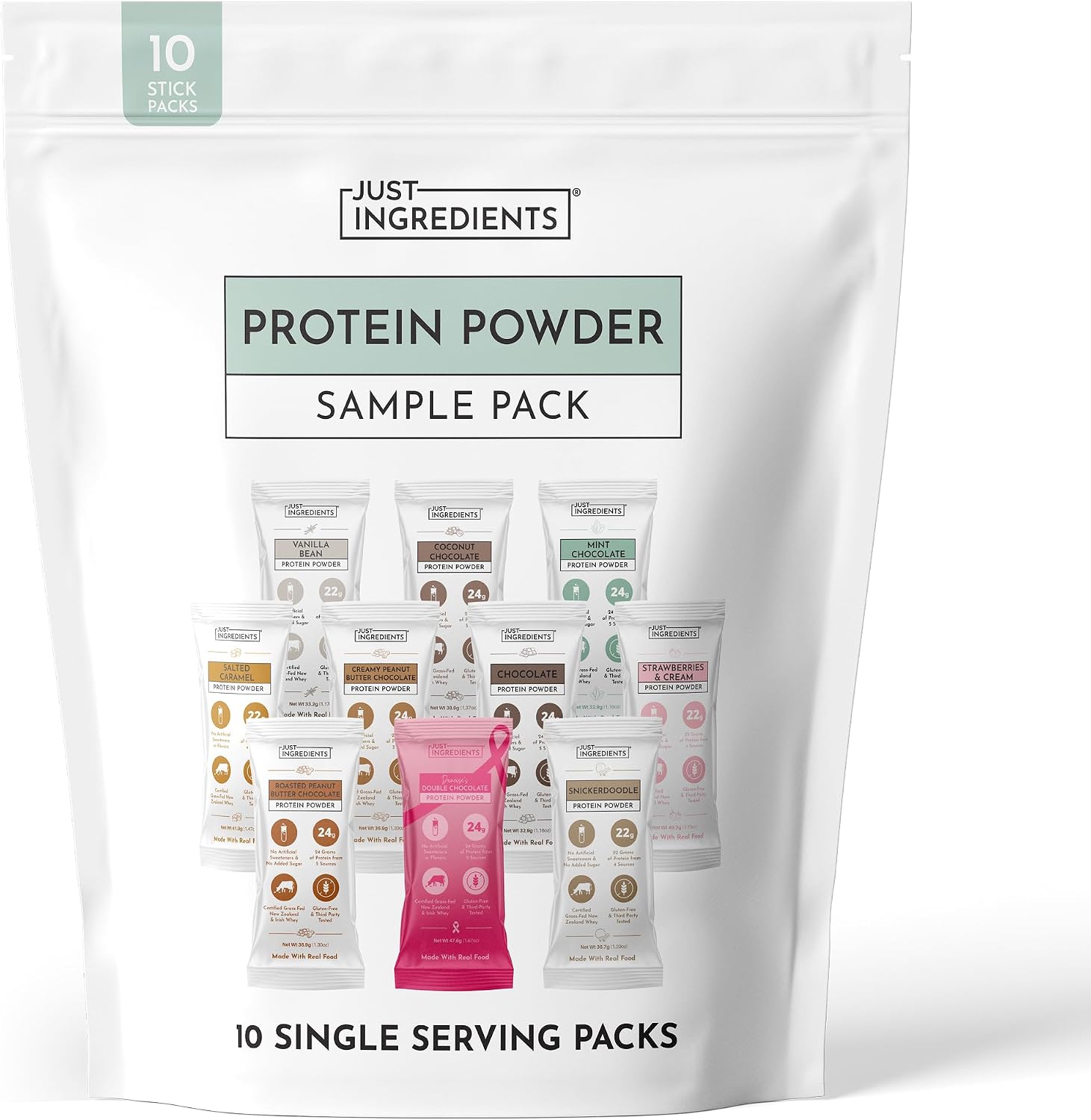 JUST INGREDIENTS Protein Powder Sample Pack - Grass-Fed Whey - 10 Sticks | 22-24 g Per Serving, Complete Amino Acids, No Added Sugar, Gluten Free, Caffeine Free, Single Serve Packets