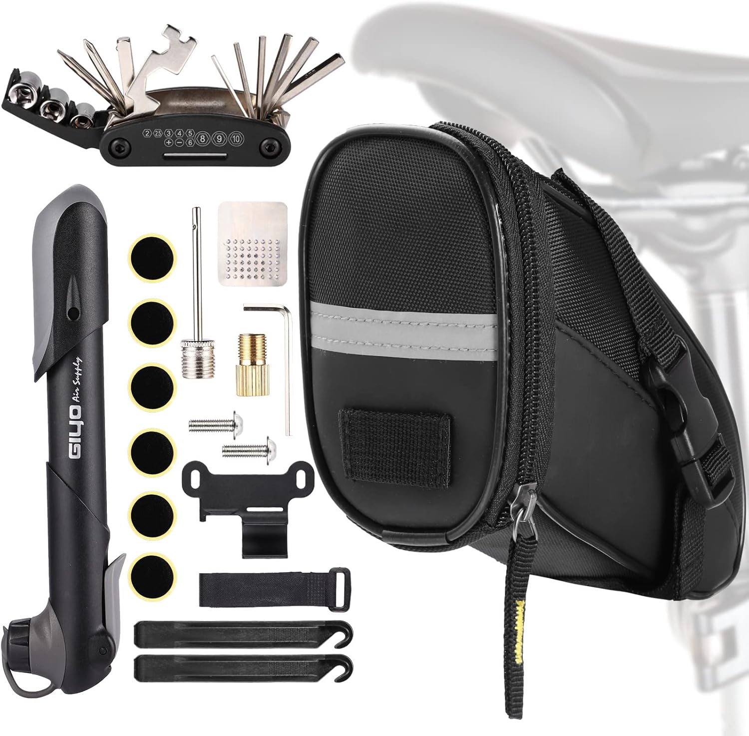 Waterproof Saddle Bag with Bike Repair Tool Kits – Bicycle Storage Bag，Multi Tool Puncture Repair Kits Includes Tyre Spoons, Glueless Tyre Pads and Bicycle Valve Adapter(Saddle Bag with Multi Tools)