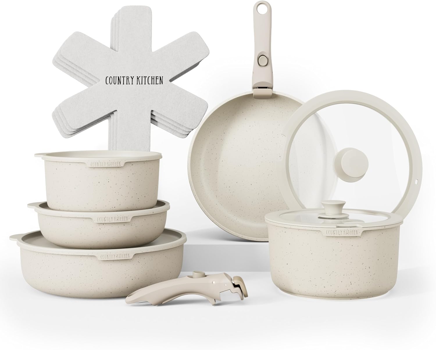 Country Kitchen Cookware Set with Removable Handle, Oven & RV Safe Pots and Pans Set, Cream, Original