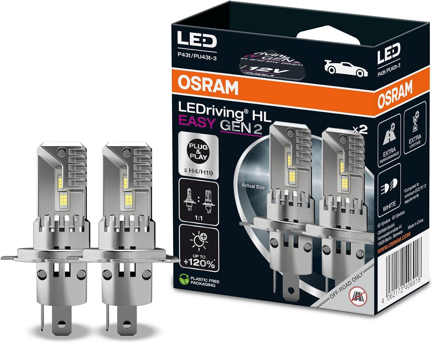 LEDriving® HL EASY GEN 2 ≜ H4/H19, LED high and low beam lamp, Cool White 6500K, no accessory needed, offroad use only - no ECE, 2 lamps