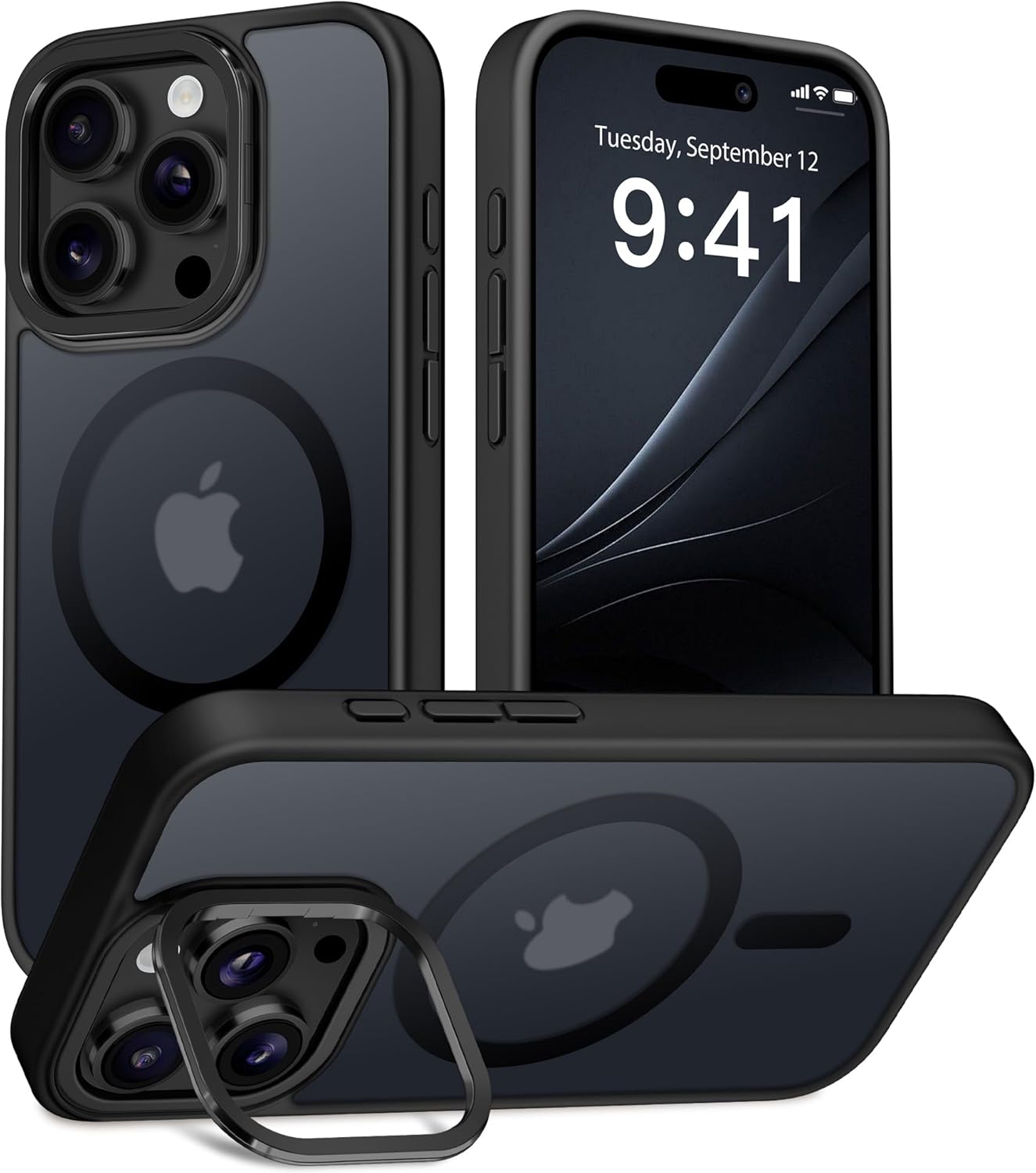 Protective Phone Case for iPhone 15 Pro Black | Compatible with Magsafe, Built-in Invisible Stand, Military-Grade Protection, Anti-Scratch, Translucent Matte, Hard Back, Shockproof