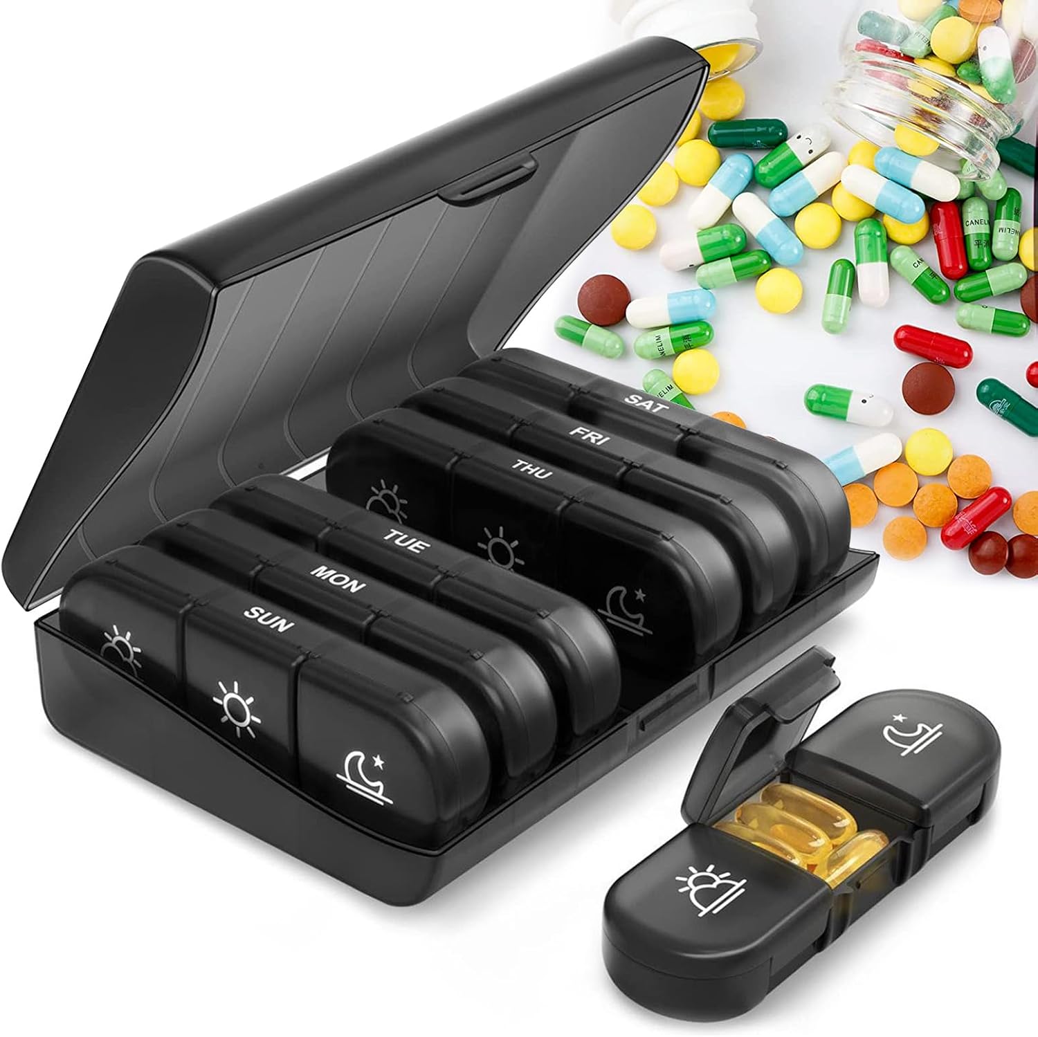 mebiusyhc Weekly Pill Organizer 3 Times a Day, Portable Travel Box 7 Day with Large Containers, Light-Proof Case for Vitamins, Medication, Supplements and Fish Oils, Removable Medicine (Black)