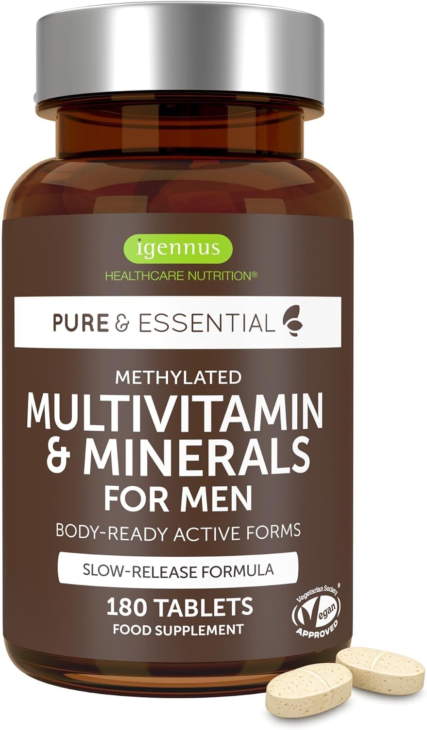 Igennus High Absorption Methylated Men's Multivitamin with 21 Actives | All Day Nutrient Delivery, Clean Label, Expertly Formulated For, Energy, Heart & Prostate Health, 180 Tablets, Vegan, Halal