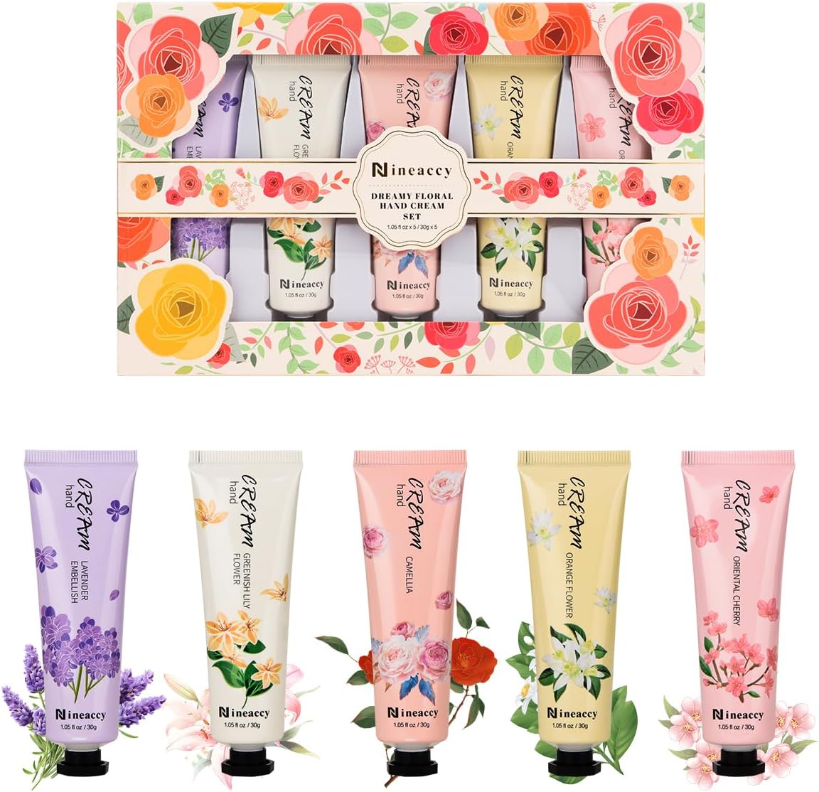 Nineaccy Floral assorted Hand Cream Set, 5 x 30ml,Pack of 5,Friendly to all skin,Gifts for Women, Mother's Day Gifts