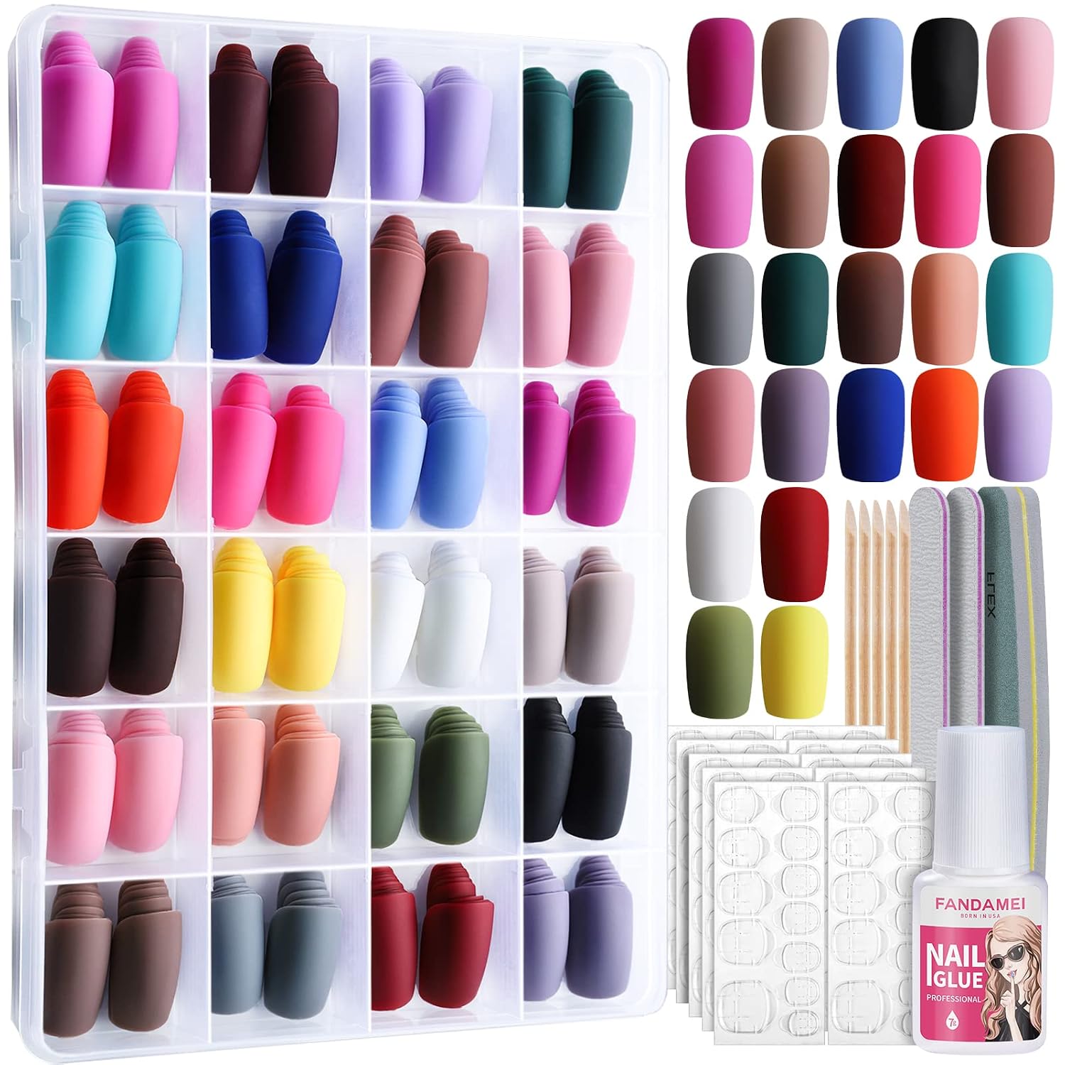 FANDAMEI Matte Press on Nails, 24 Packs 576PCS Press on Nails Medium Square Matte, Lightweight Natural Fake Nails Full Cover, False Nails with Glue