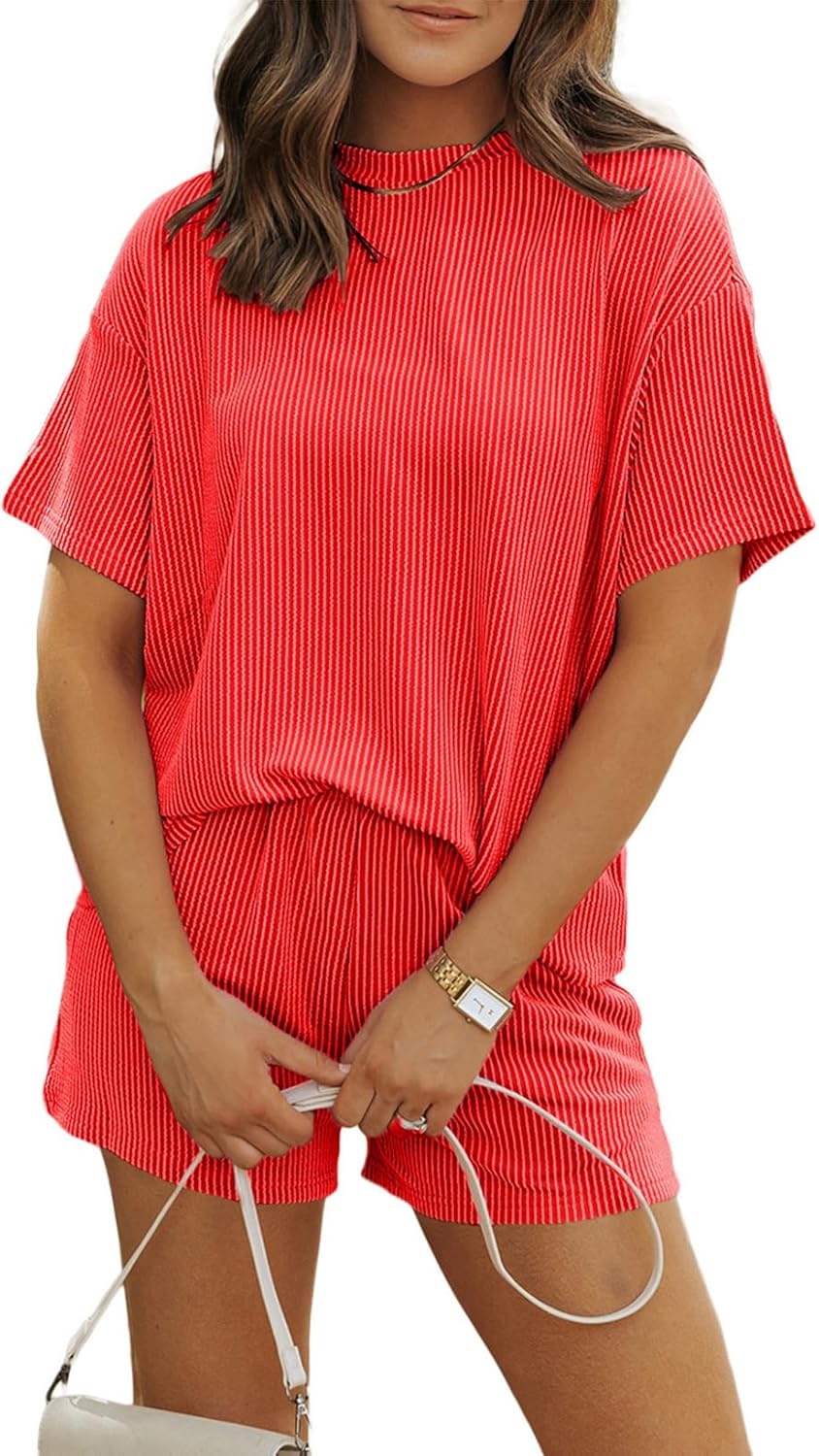 MARZXIN Women's 2 Piece Outfits Summer Tracksuit Ribbed Textured Knit Loose Lounge Shorts Set Short Sleeve Matching Sets