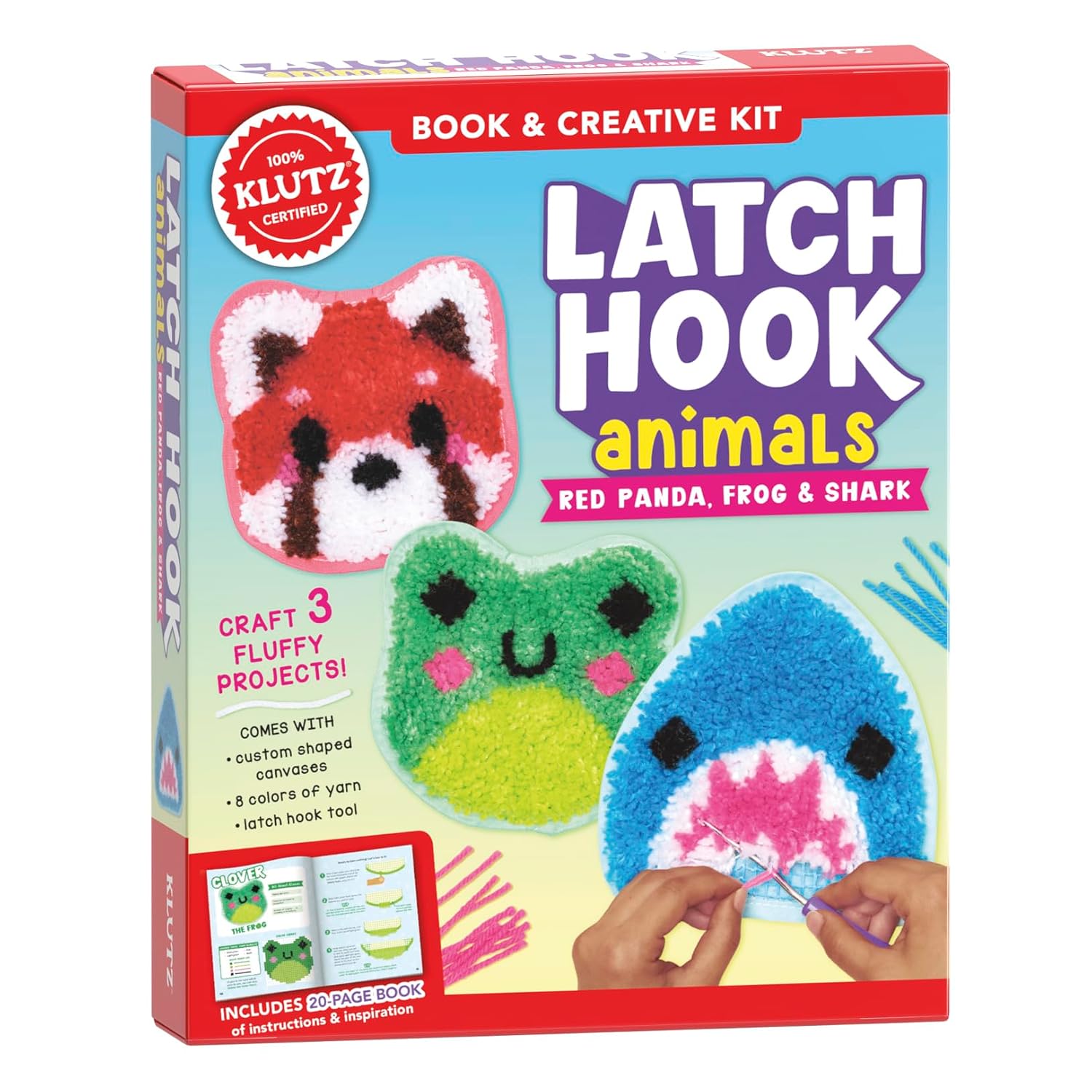 KLUTZ Latch Hook Animals: Red Panda, Frog & Shark Book and Activity Kit