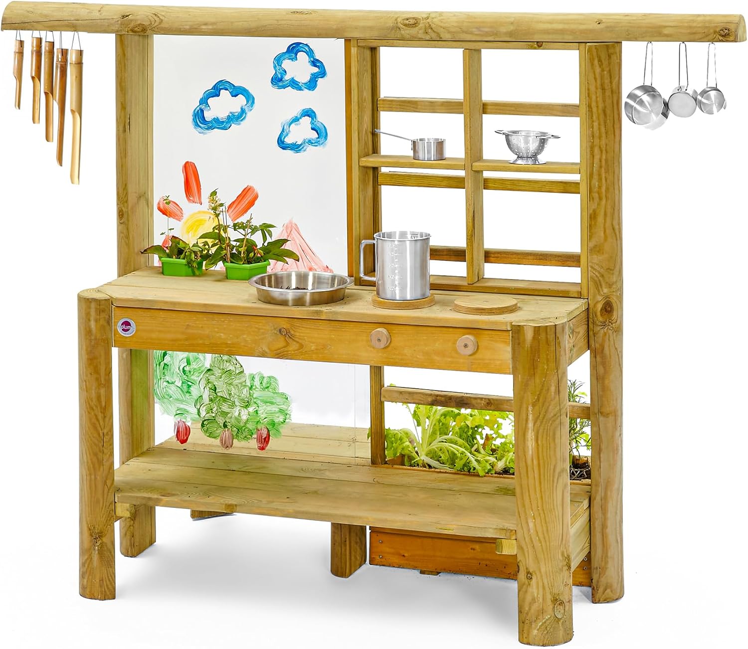 Plum Discovery Outdoor Mud Pie Kitchen Sensory Play - Built in Planter-Garden Tools, Sink, Cooking Utensils, Easy Clean Paint Screen with Water Based Paint, Suitable for 3 Years Plus (110401C108)