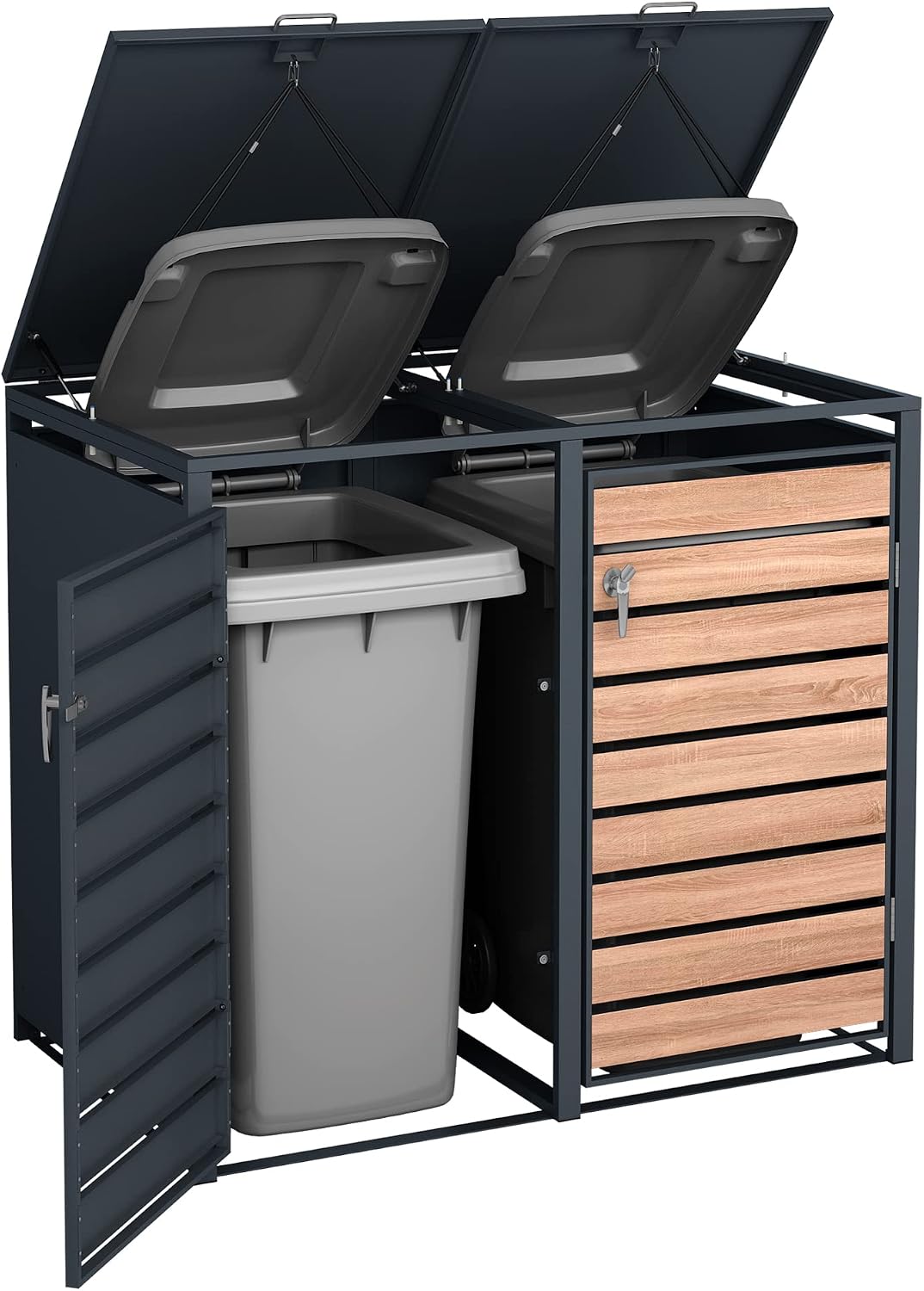 DWD Garden Double Wheelie Bin Hideaway 120L,240L Waste Bin,Storage Shed w/ Locking Doors Assisted lift up Lid easy use Outdoor Hygienic Dustbin Unit Cover Powdercoated Steel Matt Grey with Oak Doors