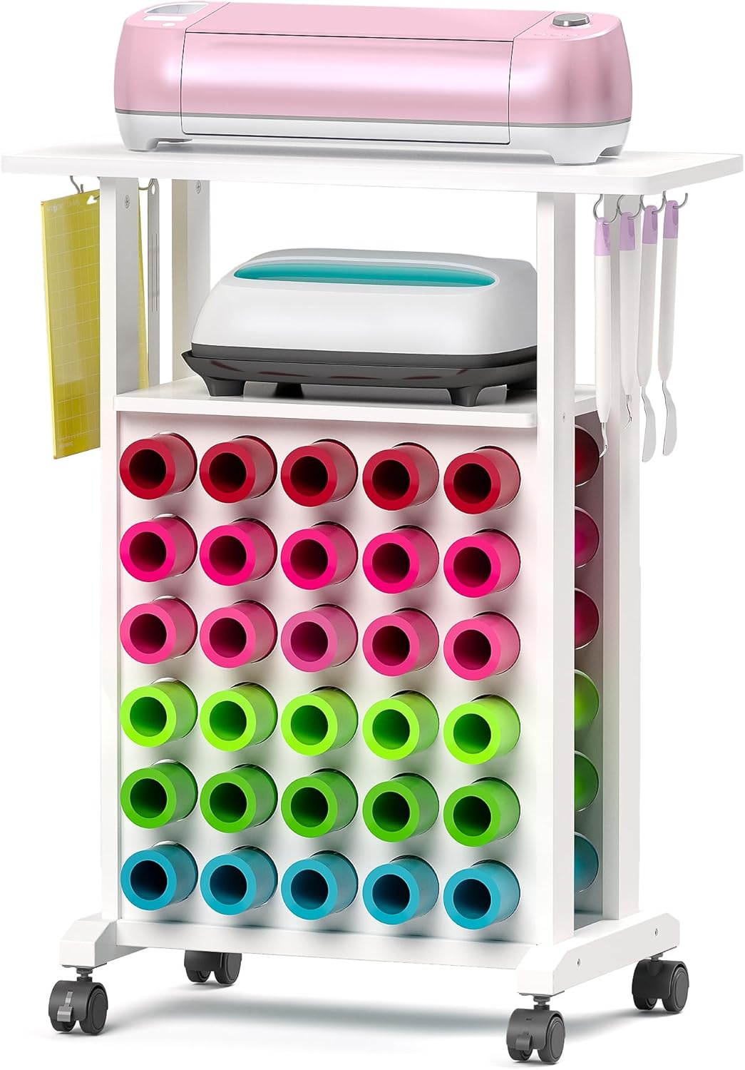 Crafit Craft Storage Trolley Compatible with Cricut Machines, Rolling Craft Table with 30 Vinyl Roll Holders, Crafting Cart Organization Workstation for Craft Room Home - Compact Removable