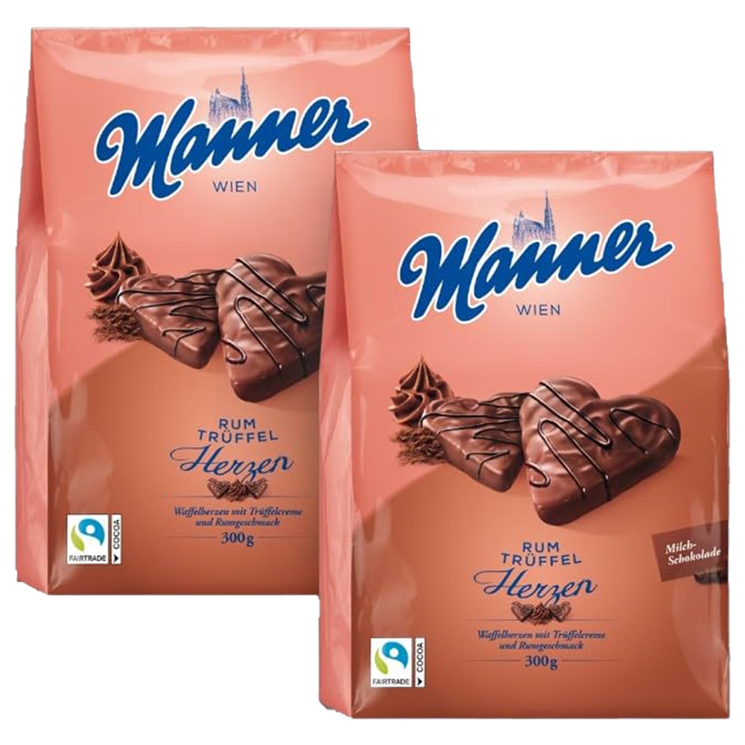 Manner Original Cocoa Cream Wafer - Austrian Wafers Flavored with Cocoa Cream & Milk Chocolate - Heart-Shaped Chocolate Wafers Ideal for On-the-Go - 2 Pack