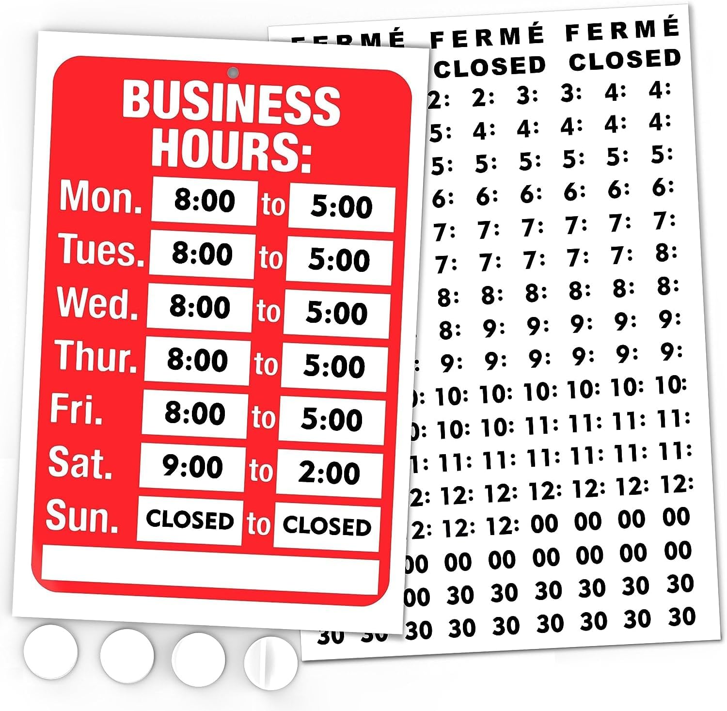 Opening Hours Sign Kit - Bright Red and White Colors - 7.7 x 11.7" - Includes 4 Double Sided Adhesives and Number Sticker Set - Ideal Opening Time Sign for Shop Window