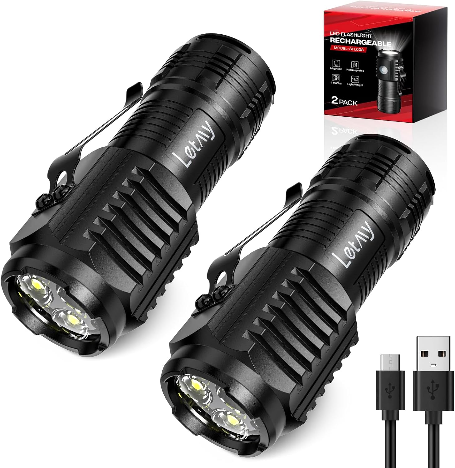 LETMY Rechargeable Mini Flashlights with Magnetic Base, 2 Pack Bright 3 LED Flash Lights, Small EDC Flashlight with Belt Clip, 4 Lighting Modes Portable Rechargeable Flashlights for Camping Home