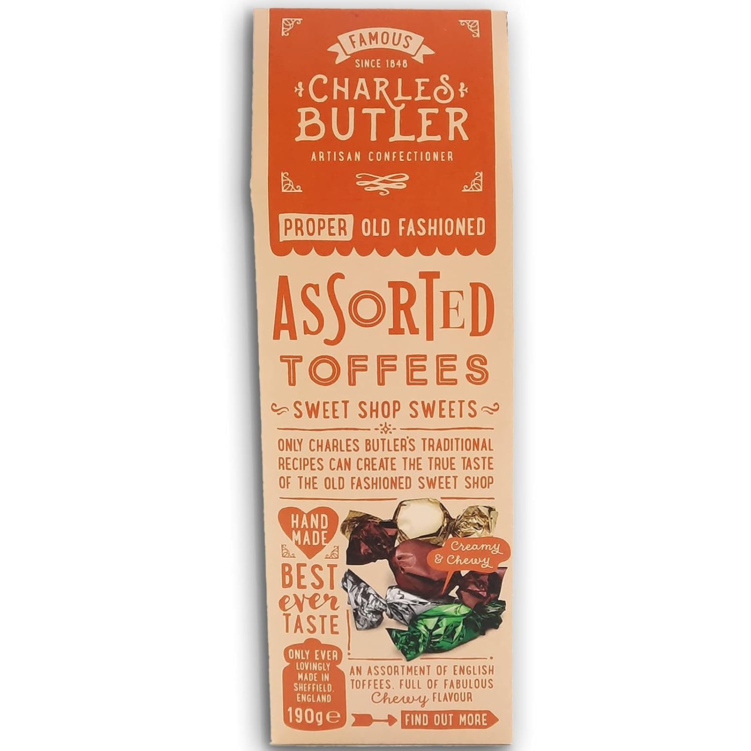 Charles Butler Assorted Toffees | Full of Delicious Smooth, Creamy & Chewy Flavors | Proper Old Fashioned | Individually Foil Wrapped | An Assortment of English Toffees | 6.70 Oz (190g)
