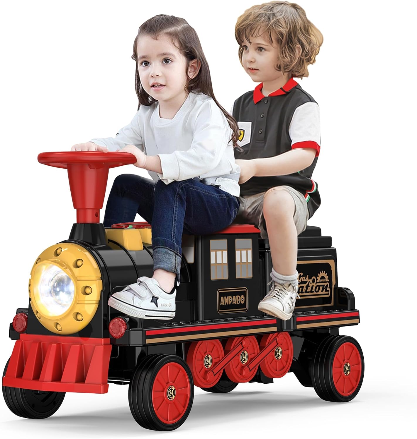 ANPABO 2-Seater Ride On Train Trackless, 12V Kids Car with Height-Adjustable Seat, Extra Storage, Headlight, Train Whistle & Music, Electric Car for Kids 3+ (Carriage Not Included), Red
