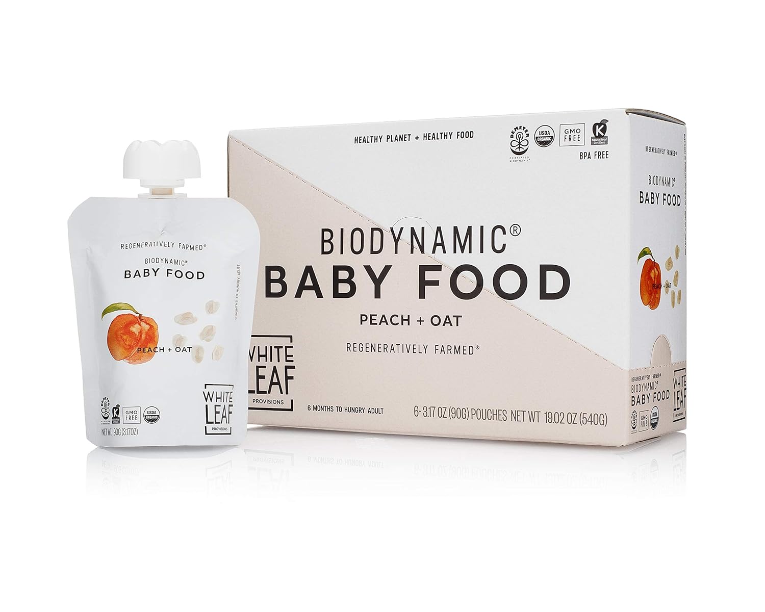 White Leaf Provisions Biodynamic & Organic Baby Food/Snacks — Peach + Oat Unsweetened Baby Puree Pouches — Squeezable Baby Food & Toddler Snack – 6 x 90g Organic Fruit Pouches