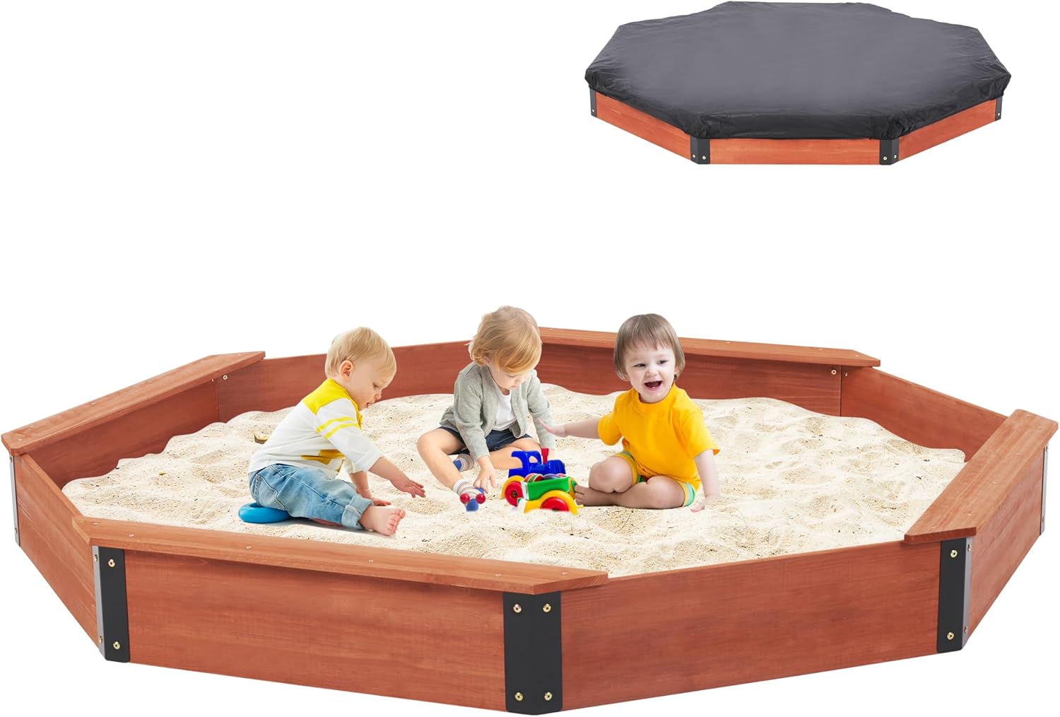 85''x78''x9'' Wooden Octagon Sandbox with Cover, Large Sandpit for Kids Outdoor Patio Backyard Play, Easy & Quick Assemble