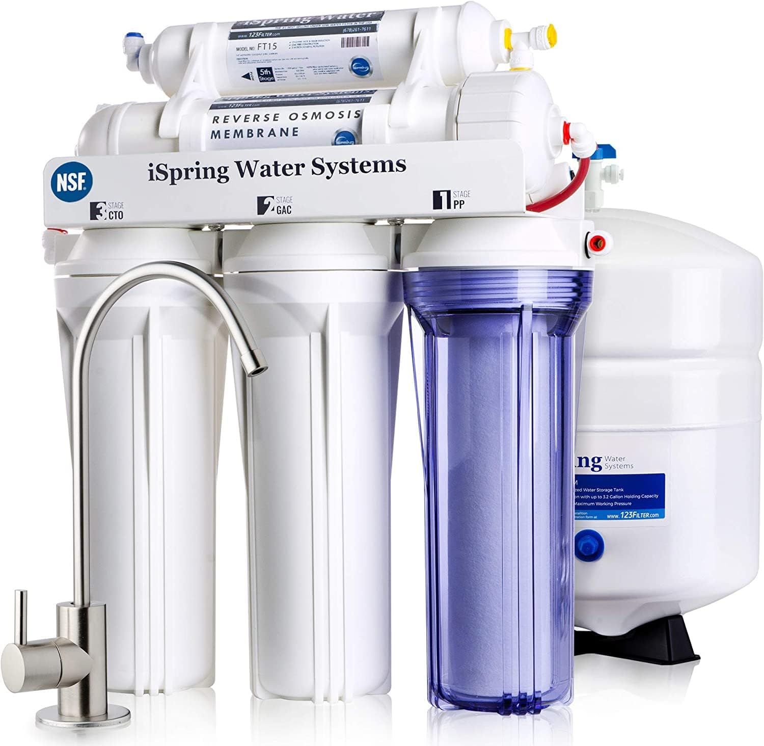 iSpring RCC7, NSF Certified, High Capacity Under Sink 5-Stage Reverse Osmosis Water Filter, RO Drinking System, 75 GPD, Brushed Nickel Faucet, Patented Top-Mounted Faucet Design for Easy Installation