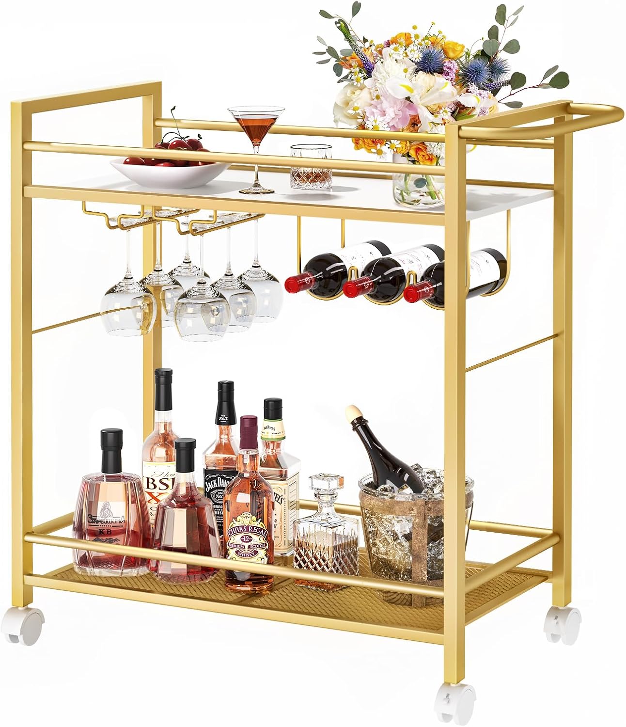 LELELINKY Serving Trolley, Kitchen Trolley, Bar Trolley with Wheels, Modern Bar Cart with Storage Space, Wine Trolley with Wine Rack and Wine Glass Holder for Kitchen, Living Room & Dining Room, Bar