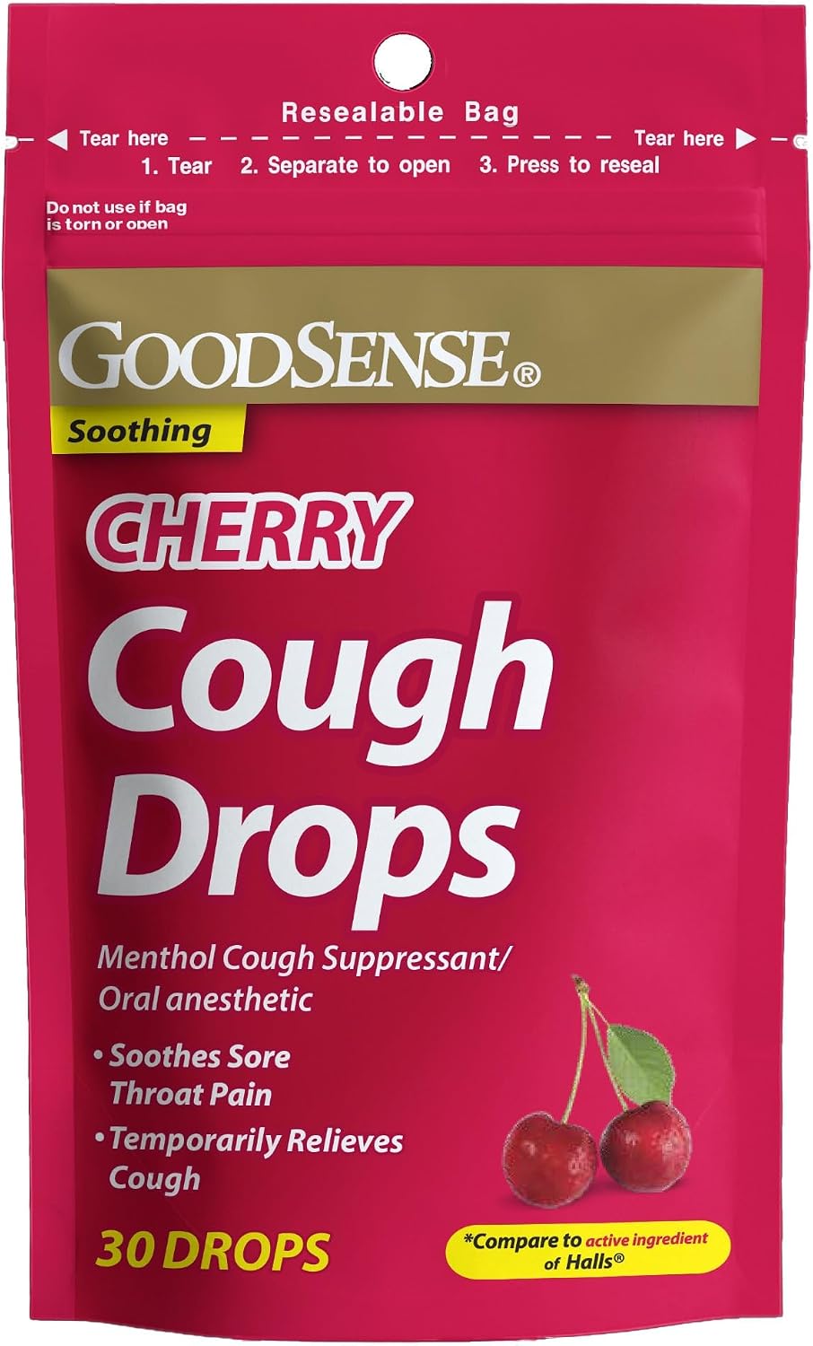 Good Sense Cough Drops, Oral Anesthetic Cough Suppressant for Sore Throat Relief and Cough Comfort, Original Cherry Flavor, 5.8 mg, 30 Count (Pack of 1)