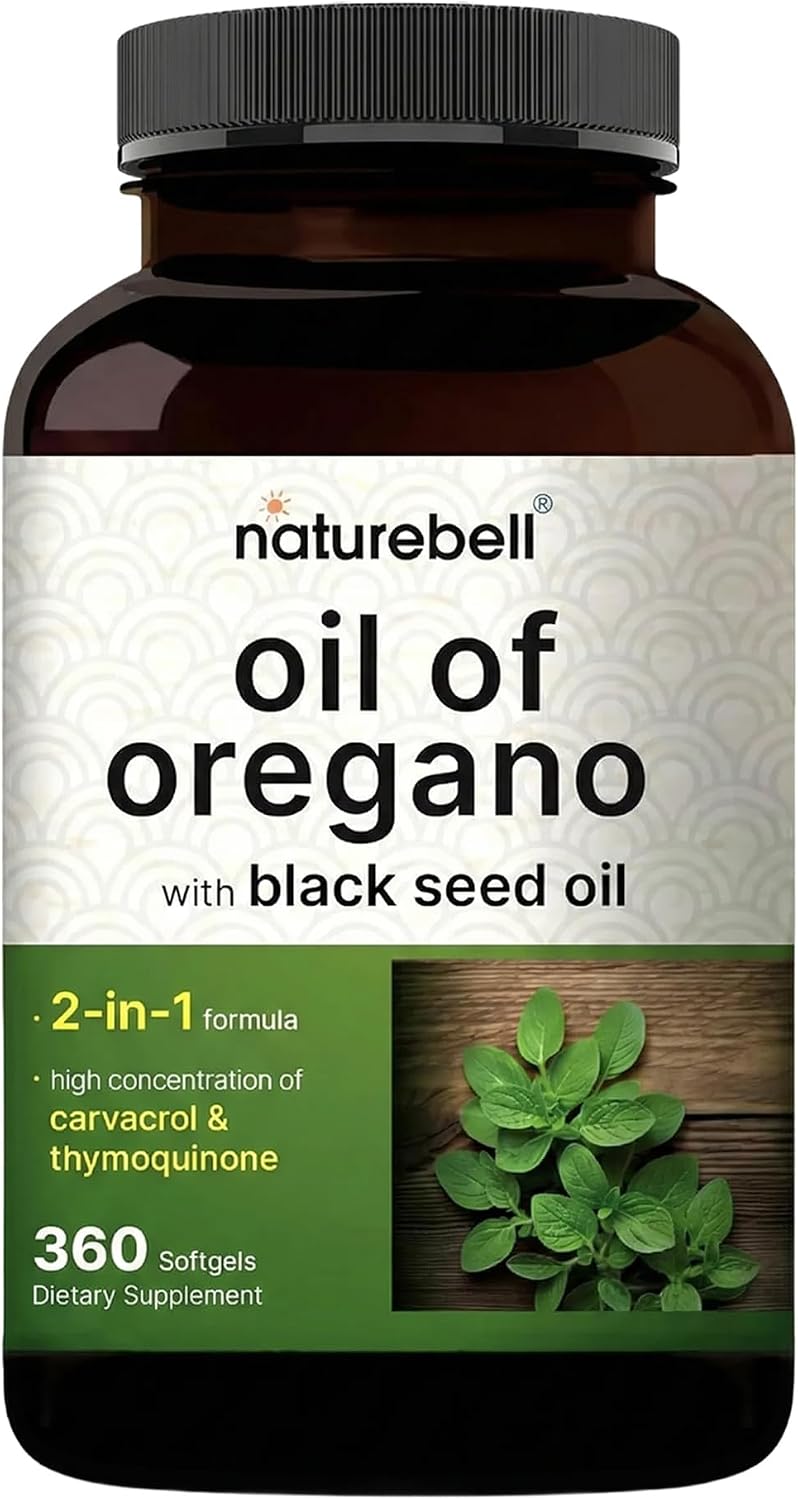 NatureBell Oil of Oregano with Black Seed Oil - 360 Softgels - 2-in-1 Herbal Complex for Immune Health* - Includes Carvacrol, Thymoquinone & Extra Virgin Olive Oil - Non-GMO