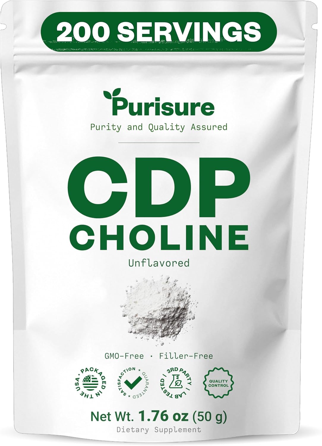 Purisure CDP Choline Powder, 50g, CDP Choline Supplements that Support Attention, Focus, and Energy, Citicoline Powder for Cognitive Function, Increases Motivation and Productivity, 200 Servings