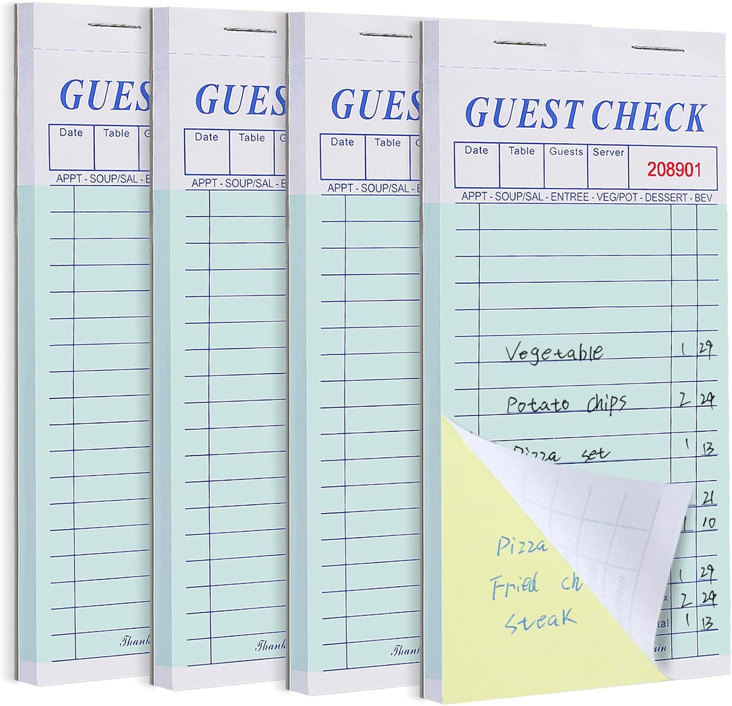 Romeda 4 Pack Server Note Pads, Double Part Guest Check Books for Servers, Waitress Notepad for Restaurants Food Order, 100 Sheets/Pad, Carbon Copy for Guest Checks