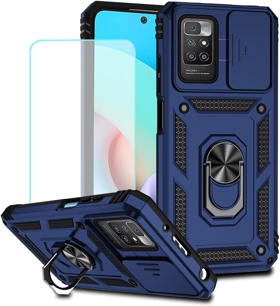 Jhxtech for Redmi 10 (2021/2022)/Redmi 10 Prime Case with Tempered Glass Screen Protector and Slide Camera Cover, Magnetic Ring Car Mount Holder Protective Cover for Xiaomi Redmi 10 2022 Blue