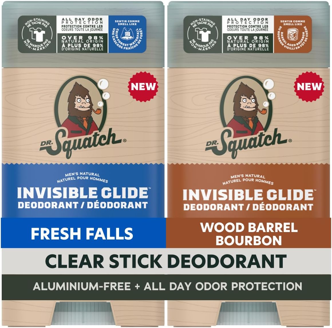 Dr. Squatch Invisible Glide Natural Deodorant – Smooth Glide with No Stains - Aluminum Free + Dermatologically-Tested Formula Suits Sensitive Skin - Fresh Falls + Wood Barrel Bourbon (2.65 oz, 2-Pack)