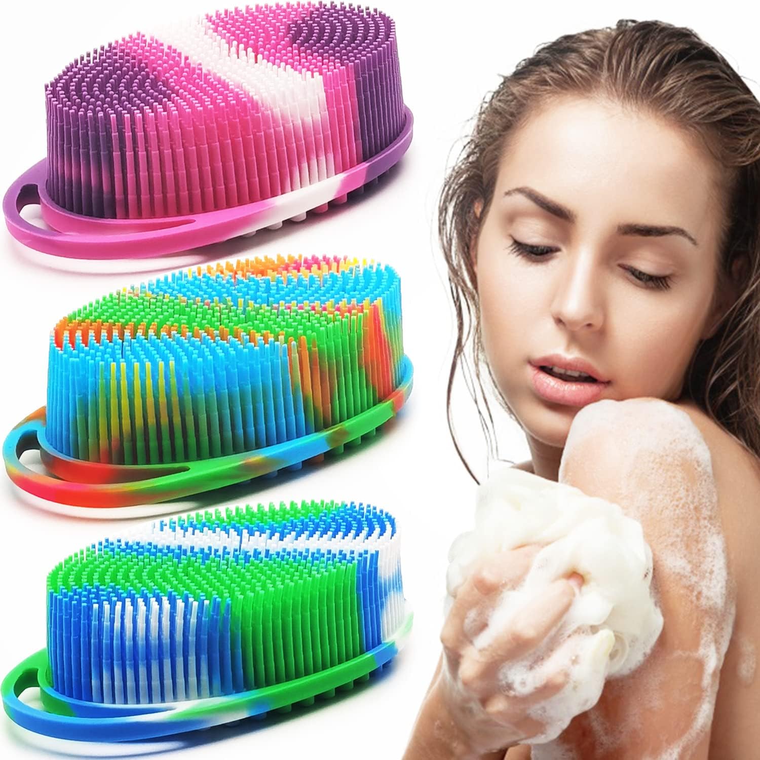 Soft Exfoliating Body Shower Scrubber - Silicone Bath Brush for Kids & Adults - 3 Pack