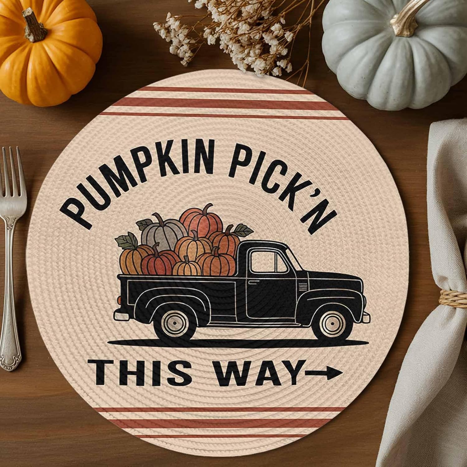 Round Placemats Set of 6,Pumpkin Pick'n This Way Words Non-Slip Heat-Proof Table Mats Pumpkins on Black Truck Washable PP Place Mat for Home Kitchen Dining Party Tables
