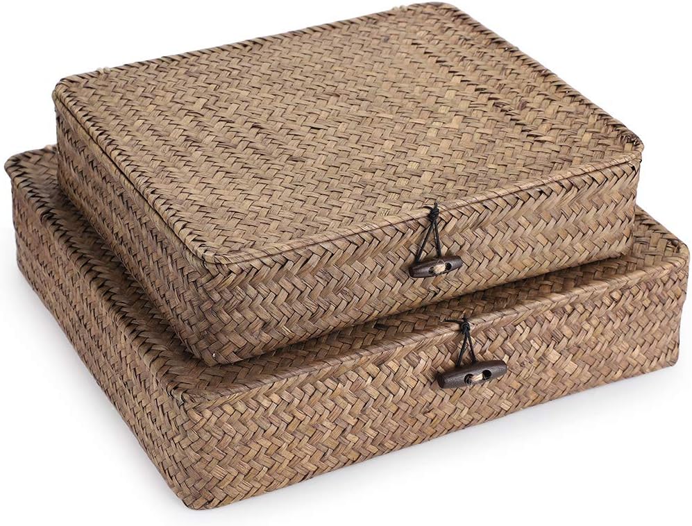 Hipiwe Set of 2 Flat Wicker Storage Basket Bins with Lid Woven Seagrass Box