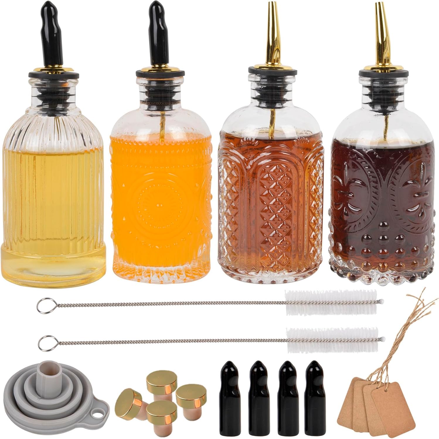 ChezMax Syrup Dispenser Bottles Set of 4, Simple Syrup Bottle for Coffee Bar Accessories, 7 oz Glass Coffee Syrup Dispenser Syrup Containers for Maple Honey Syrup Oil, with Metal Pour Spouts & Labels