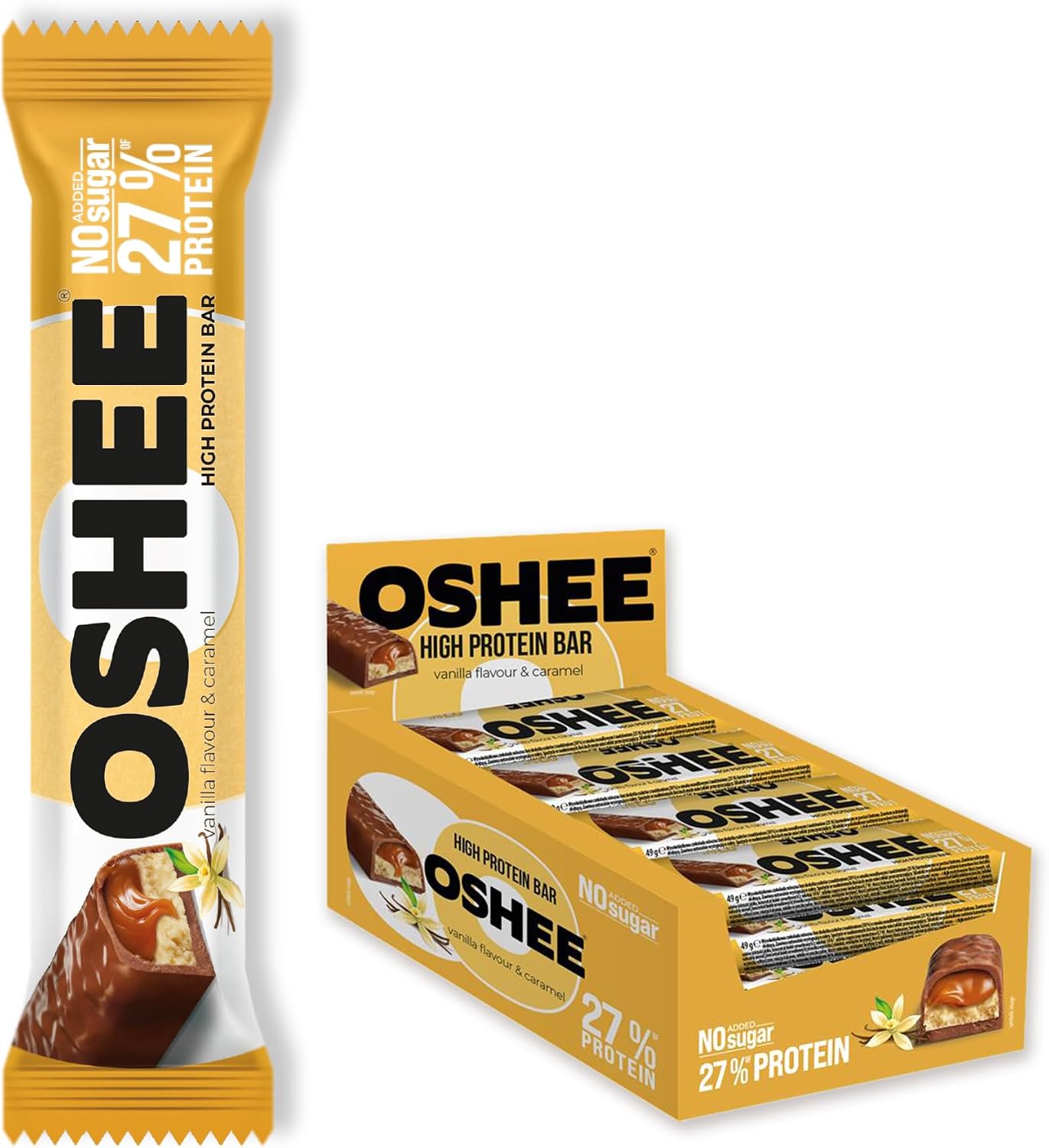 Oshee High Protein Bars – Vanilla & Caramel, 49g (Pack of 12), 27% Protein Snack for Muscle Recovery & Energy, No Added Sugar, High Fibre, Ideal for Active Lifestyles