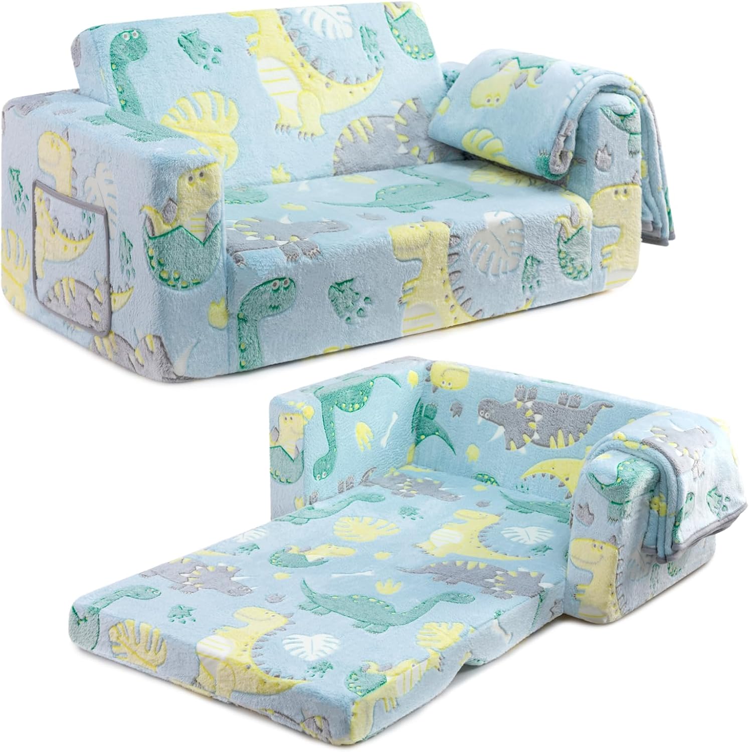 BEJOY Kids Sofa Bed, Extra Wide 2-in-1 Toddler Soft Sherpa Couch Fold Out, Convertible toddler bed to Lounger for Girls and Boys, Glowing Dinosaur