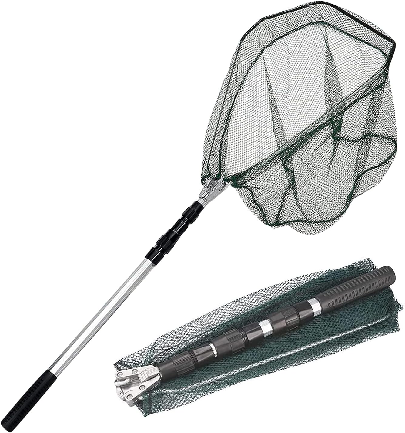 KK'S GLAMS® Telescope Fishing Landing Net - Foldable Collapsible Extensible 1.5M Aluminum Alloy Pole Handle, Lightweight Portable for Bird Fish Catch (Silver Pole/Green Net)