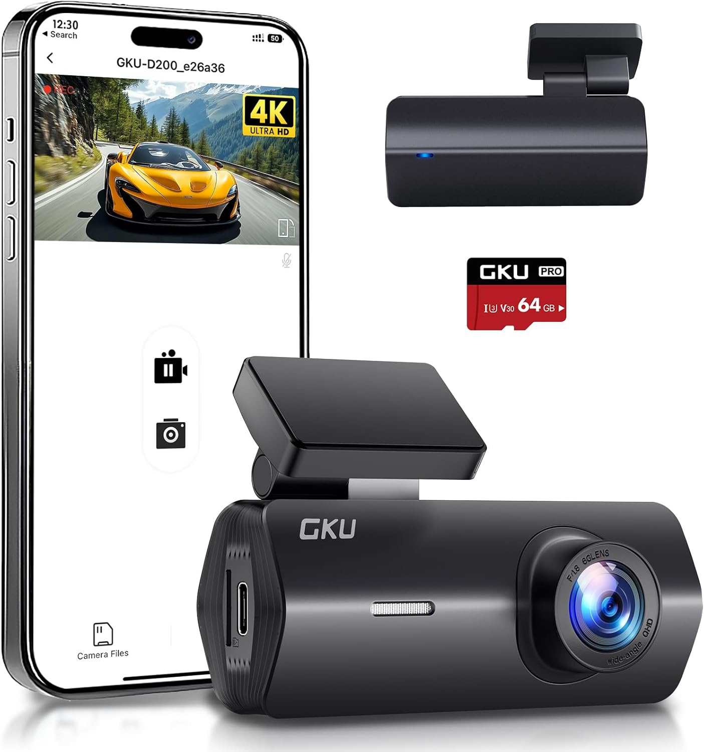 GKU 4K Dash Cam,Dash Cam Front with UHD 2160P, DashCam Built-in WiFi, 24H Parking Monitor,Night Vision,WDR,170° Wide Angle,Loop Recording,G-Sensor,DashCam Includes 64GB SD Card,Supports 256GB Max