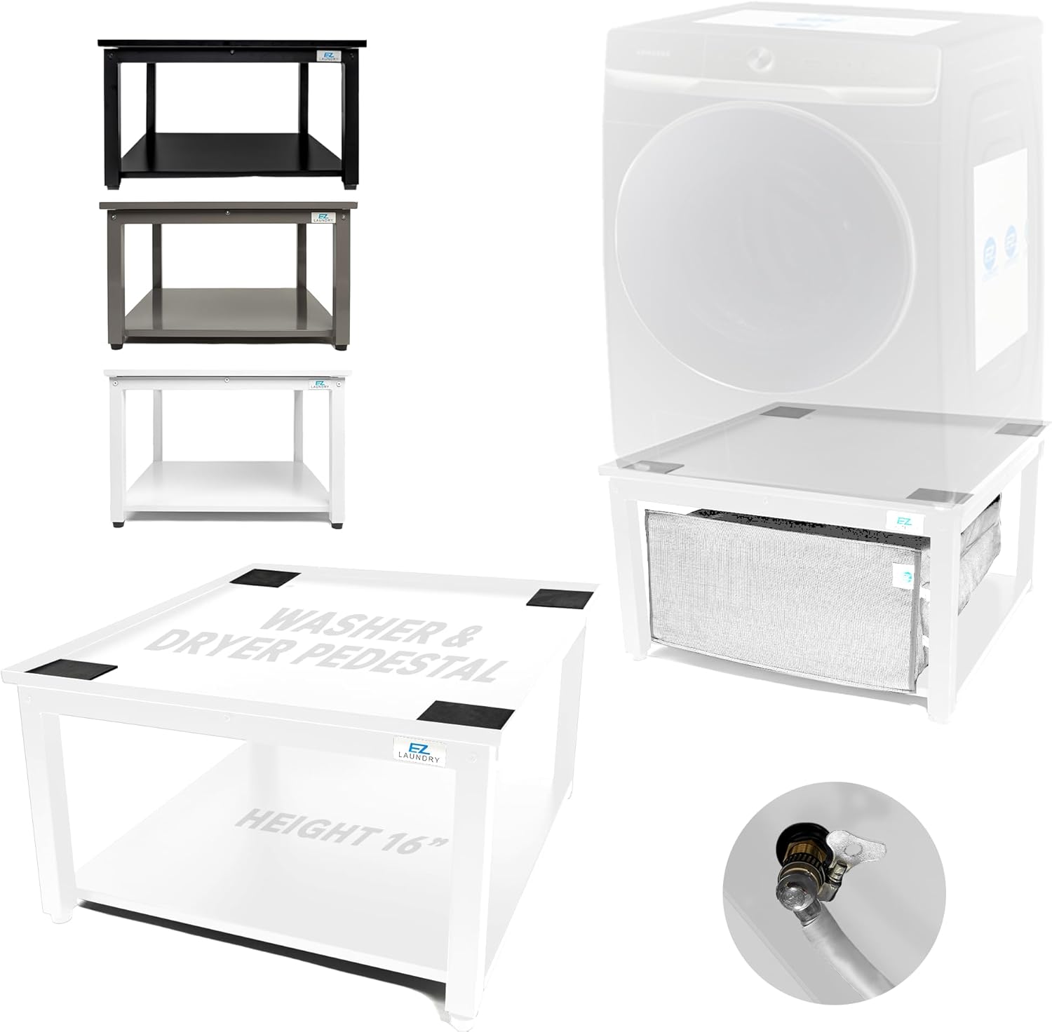 EZ Laundry White Washing Machine Stand & Dryer Pedestal – Fits 61cm Wide Front-Load | 41cm Height Alloy Steel Riser for Back Comfort | Drip Tray & Hose Included | 360 kg Capacity | Universal UK Fit