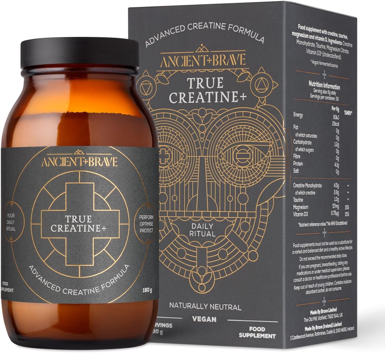 Ancient + Brave - True Creatine+ - 180g - Premium Creatine Monohydrate Powder - 100% Micronized for Women - High Performance, Strength Building - Muscle Recovery, Cognitive Function, Wellness