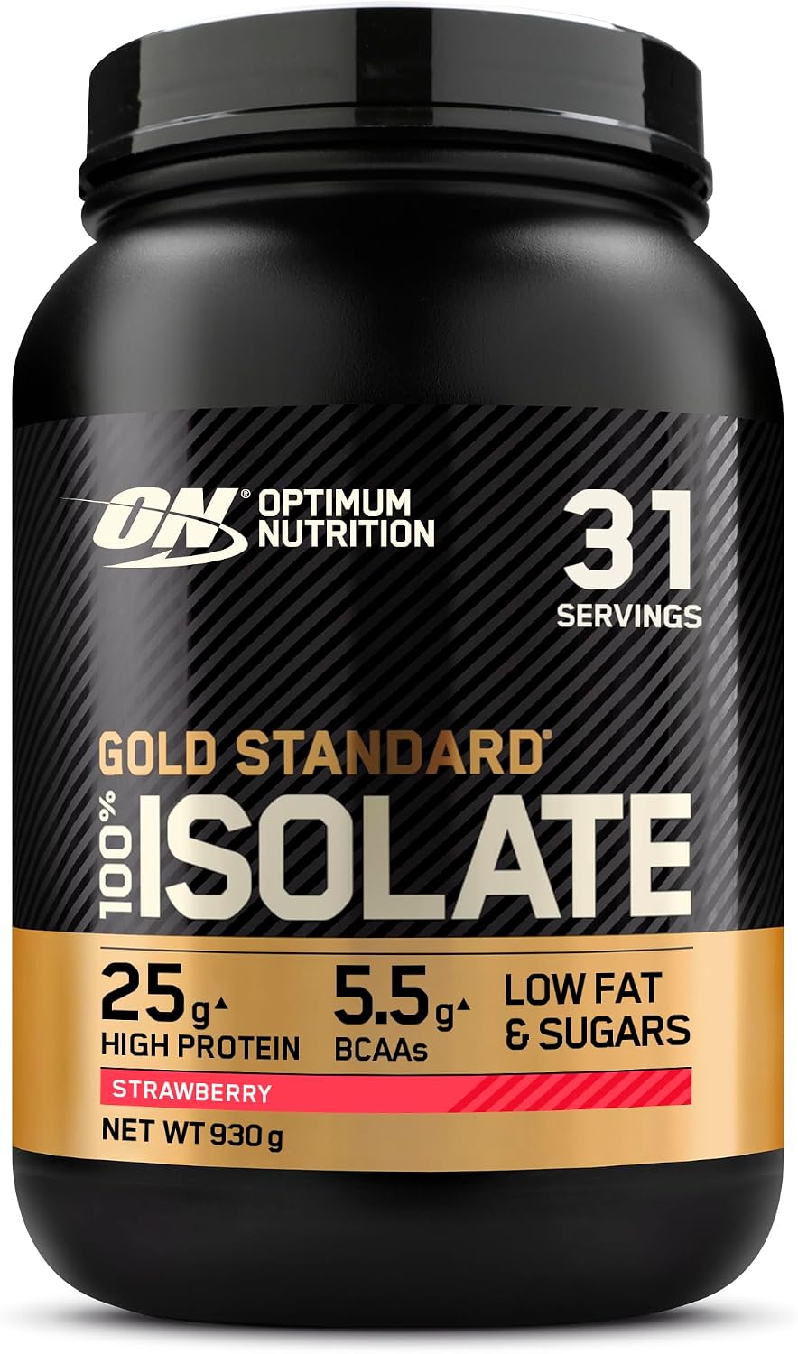 Optimum Nutrition ON Gold Standard 100 Isolate Pure Whey Protein, Naturally Occurring BCAAs and Glutamine, Pre and Post Workout, Strawberry Flavour, 31 Servings, 930 g