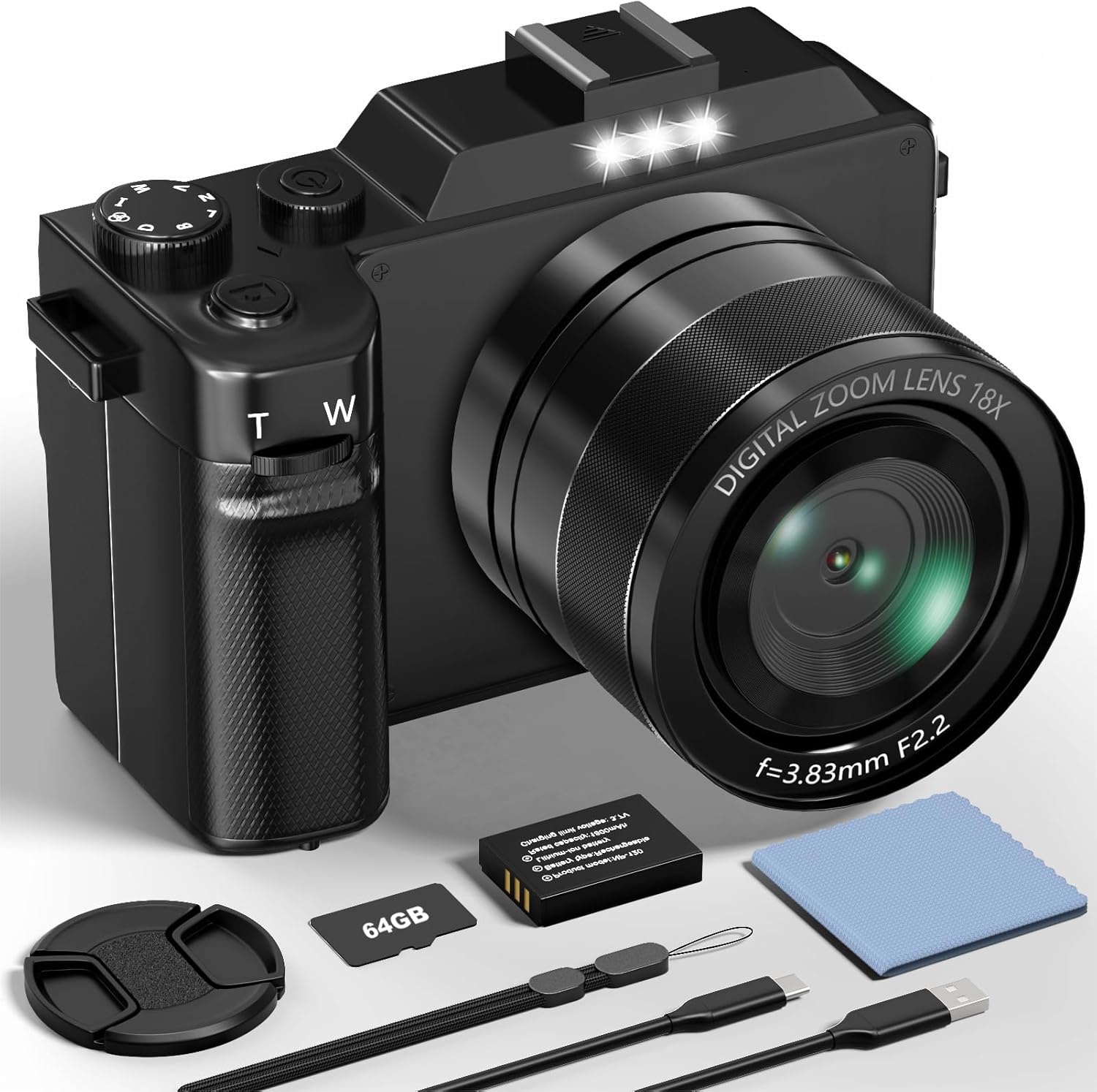 Digital Camera, 5K 64MP Cameras for Photography with WiFi, 64GB Card, Autofocus, Selfie 3" LCD Screen Compact Vlogging Camera for Youtube, Beginners, Teens, Adult