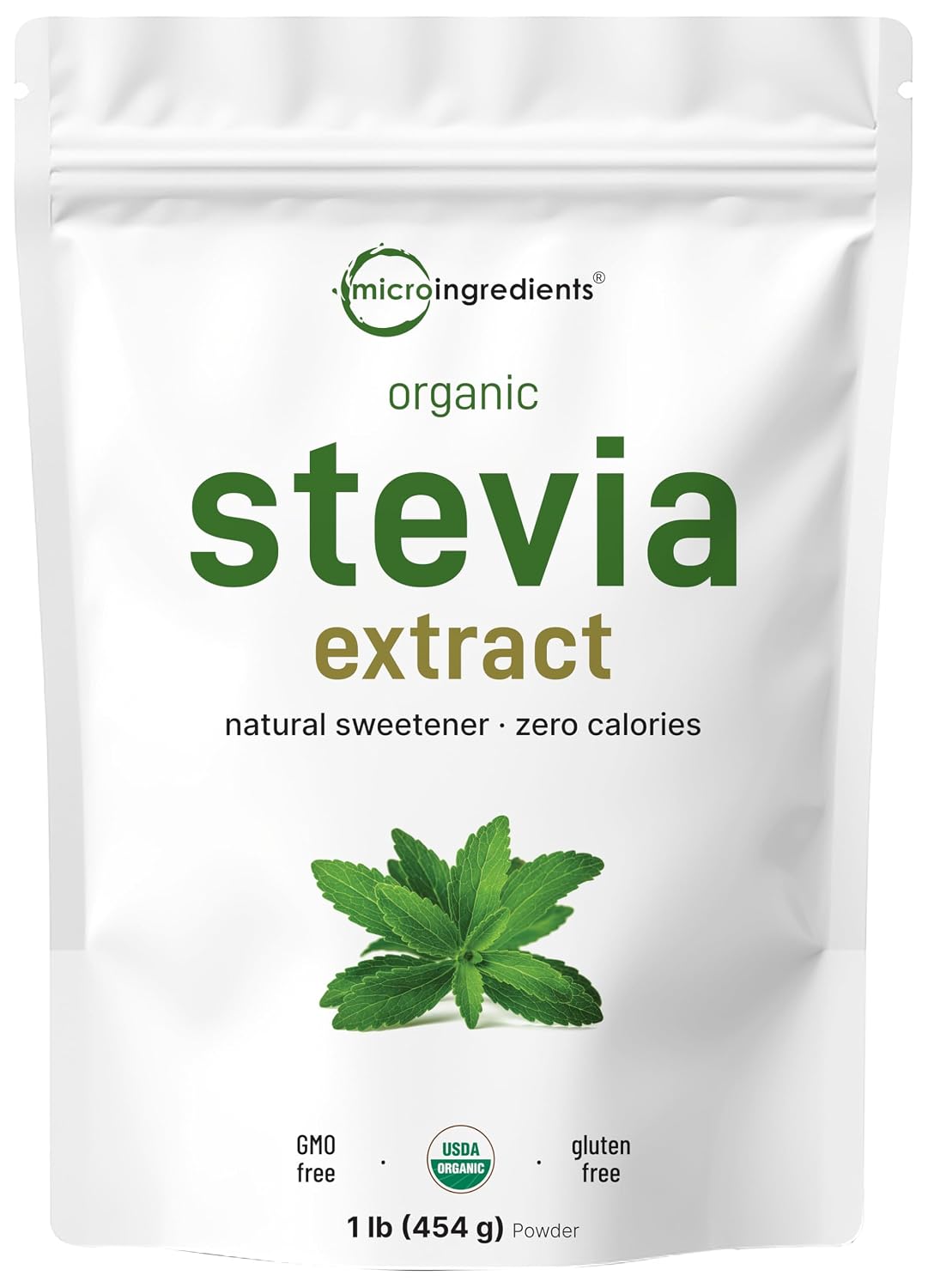 Micro Ingredients Pure Organic Stevia Extract Powder, 1 lb, No Additives | 2837 Servings, Stevia Green Leaf Reb-A, Sugar-Free 0 Calories, Natural Sweetener, Sugar Substitute, Keto & Vegan Friendly