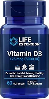 Life Extension Vitamin D3 125 mcg (5000 IU), Bone Health, Brain Performance, Immune System Support, Gluten-free, Non-GMO, Once Daily, Two-month Supply, 60 Softgels