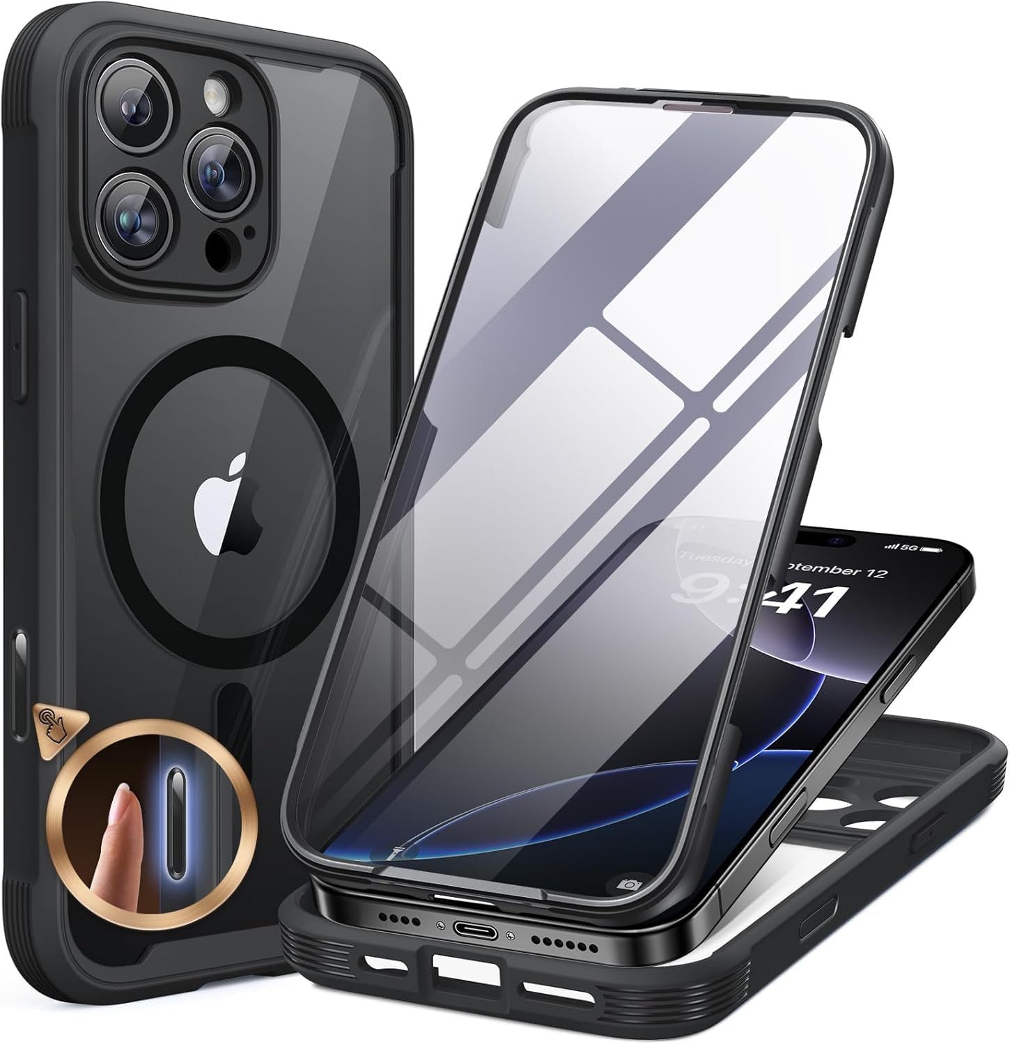 Miracase Magnetic for iPhone 16 Pro Case Full-Body Phone with Built-in Glass Screen Protector, [Compatible with MagSafe] Military Drop Proof 16 Pro Cover Bumper 6.3 inch, Black