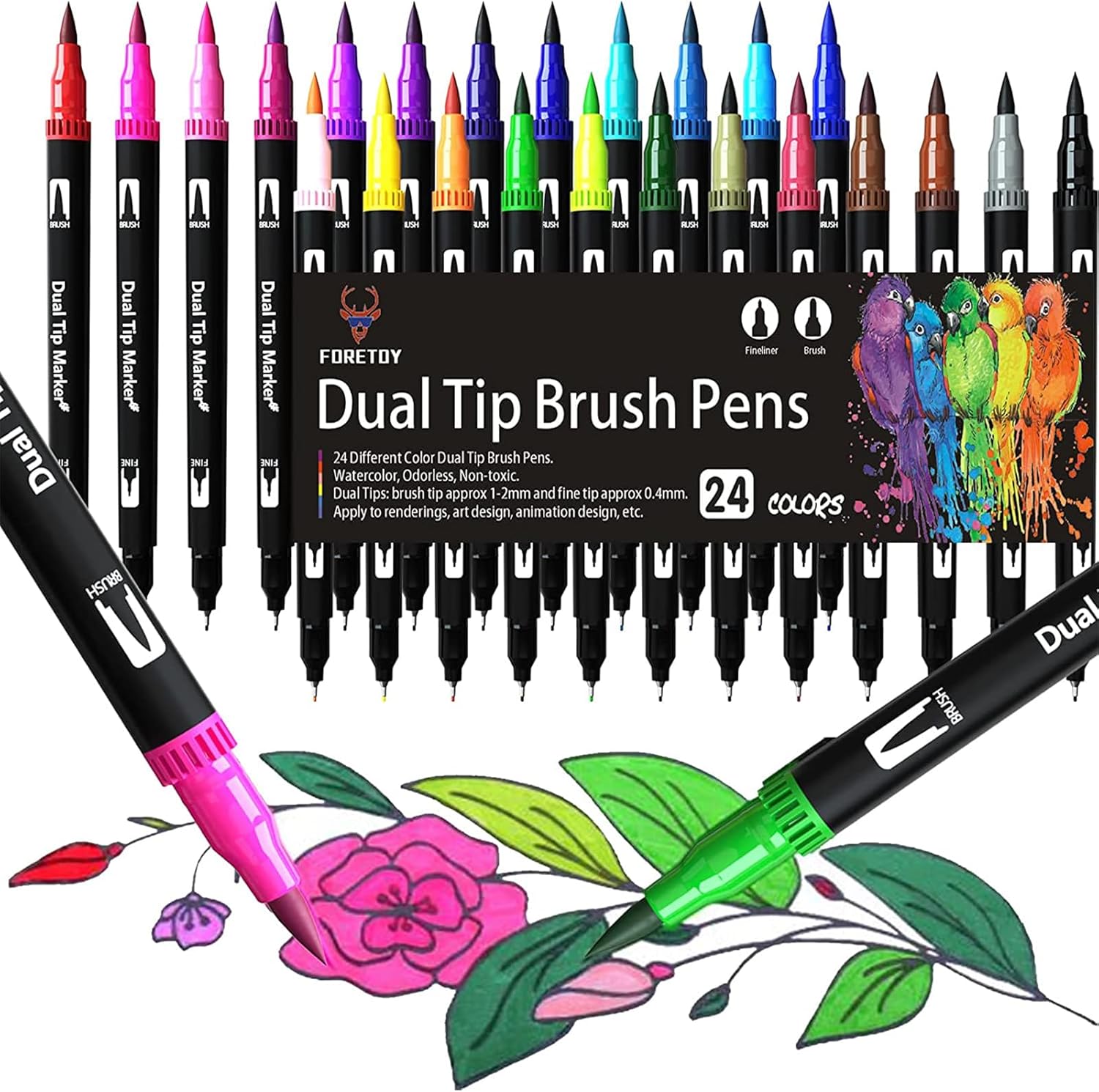 FORETOY 24 Colours Felt Tip Pens Set, Dual Brush Pens Art Markers for Kids Adults, Fineliner and Brush Tips for Drawing Sketching Painting Lettering Calligraphy Bullet Journal