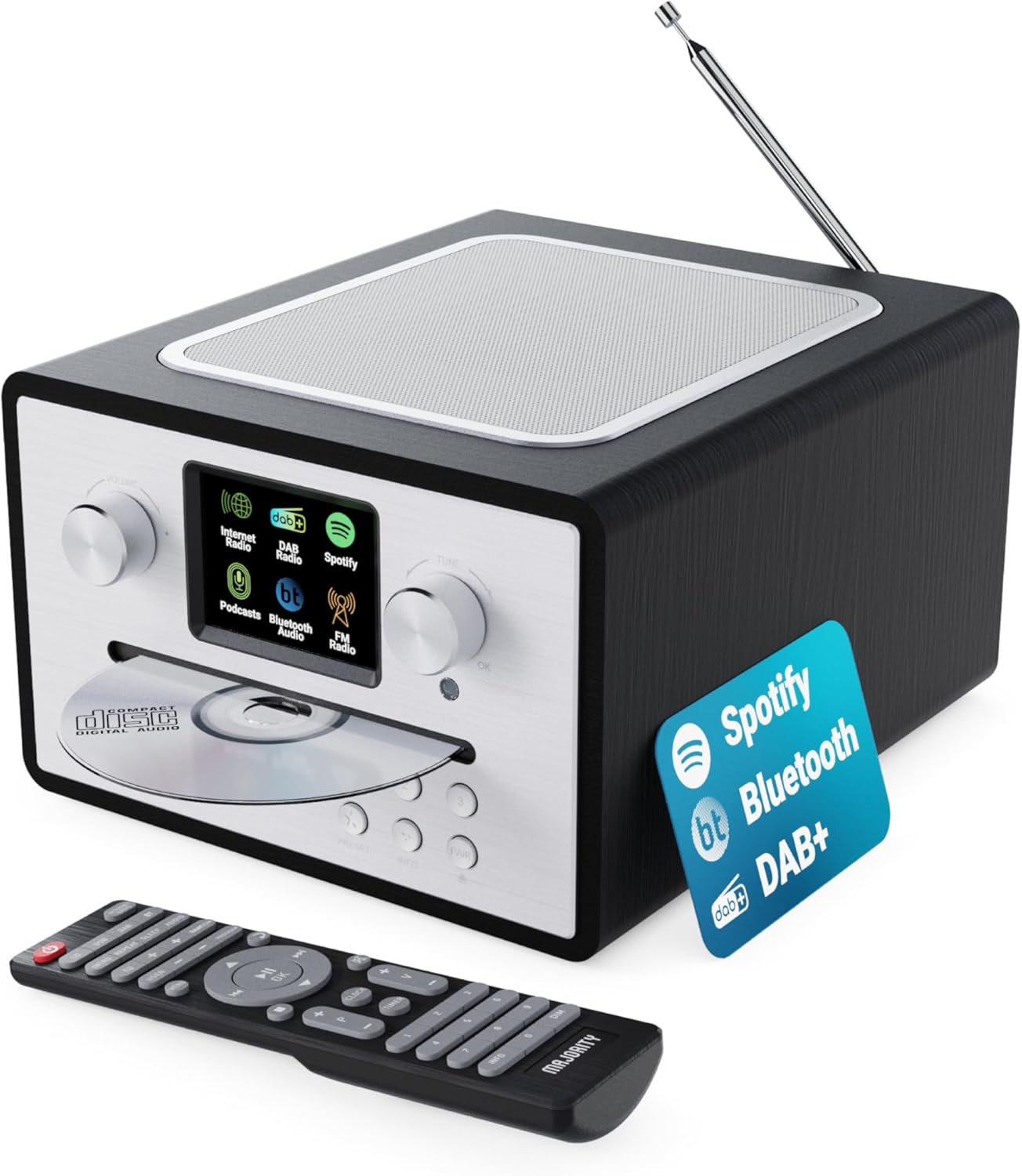 Internet Radio CD Player with DAB+ | Bluetooth, Spotify Connect, Podcasts | FM Radio, Dual Alarm, 90 Presets | Custom EQ Settings | Full Colour LED Display & Remote Control | MAJORITY Homerton (Black)